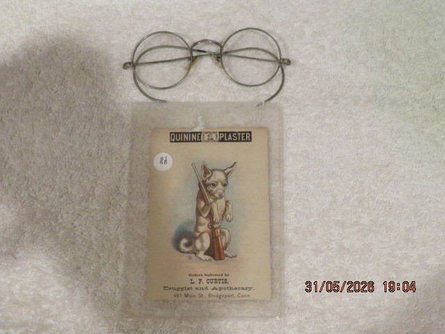 1886 Pharmacy Quinine Plaster Card & Vintage Reading Glasses