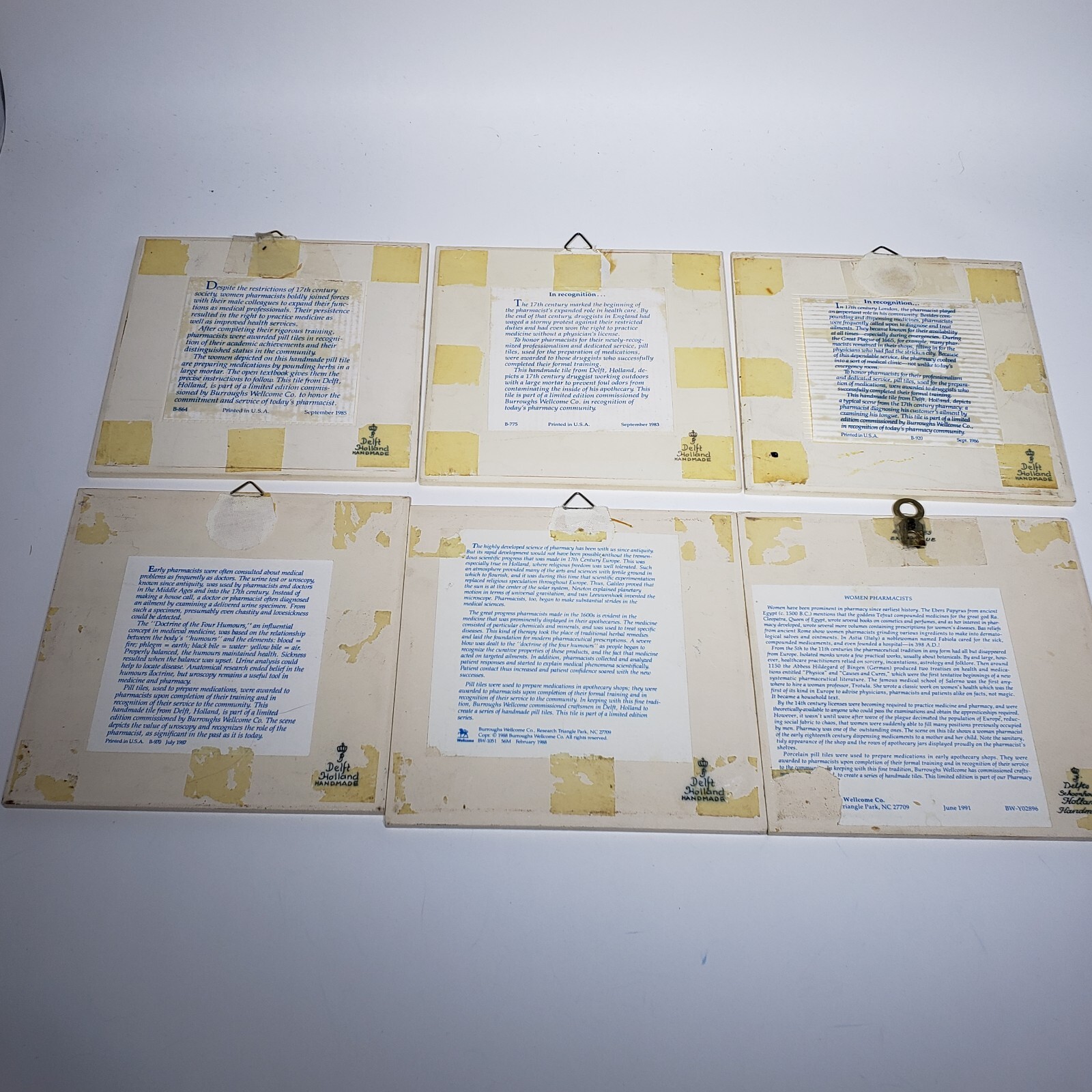 Set of 6 Delft Dutch Holland Burroughs Wellcome 6″ Apothecary Pharmacist Tiles