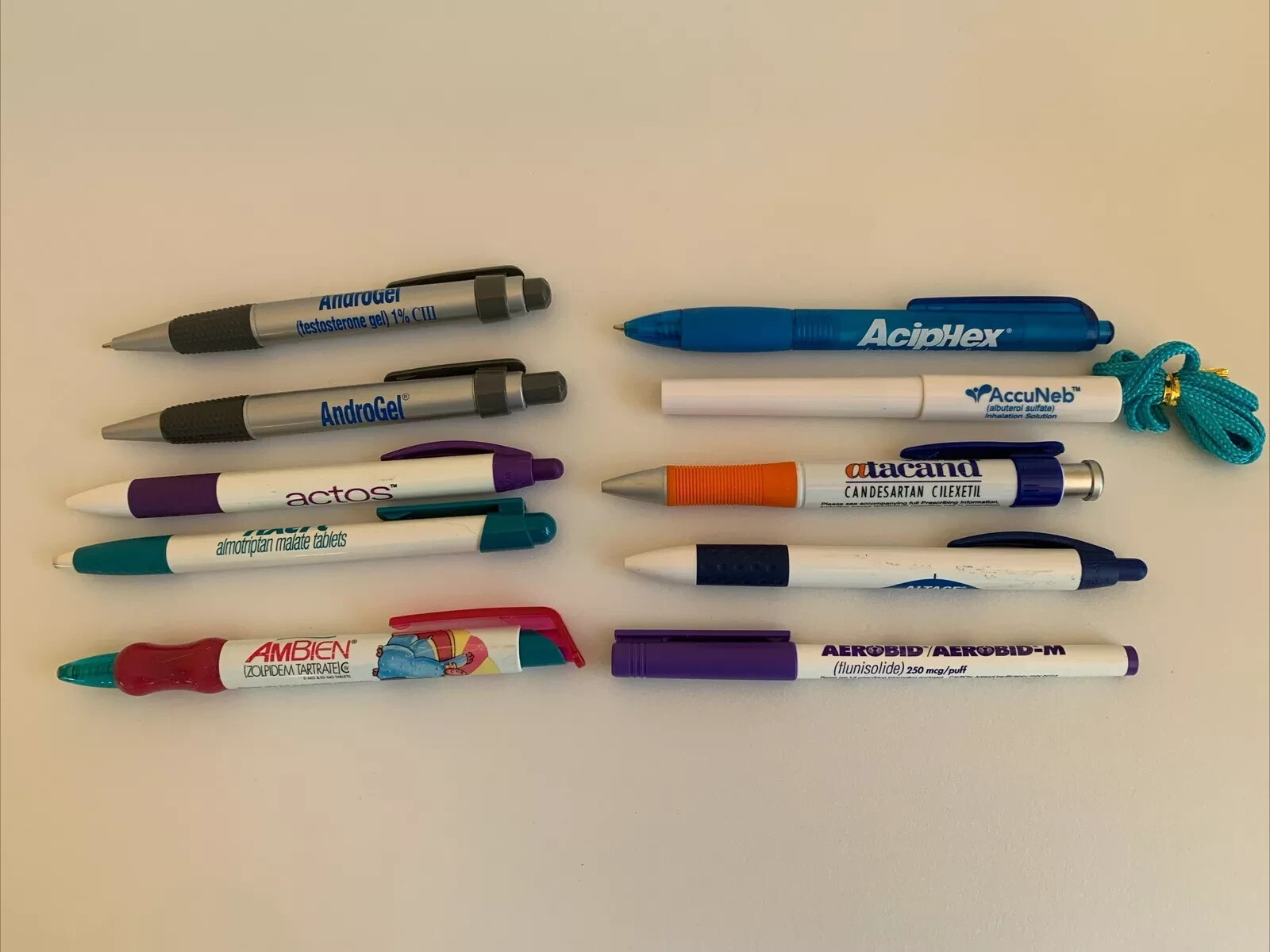 LOT OF 10 UNIQUE Pharmaceutical Pens; Drug Rep; All Drugs Start with Letter “A”