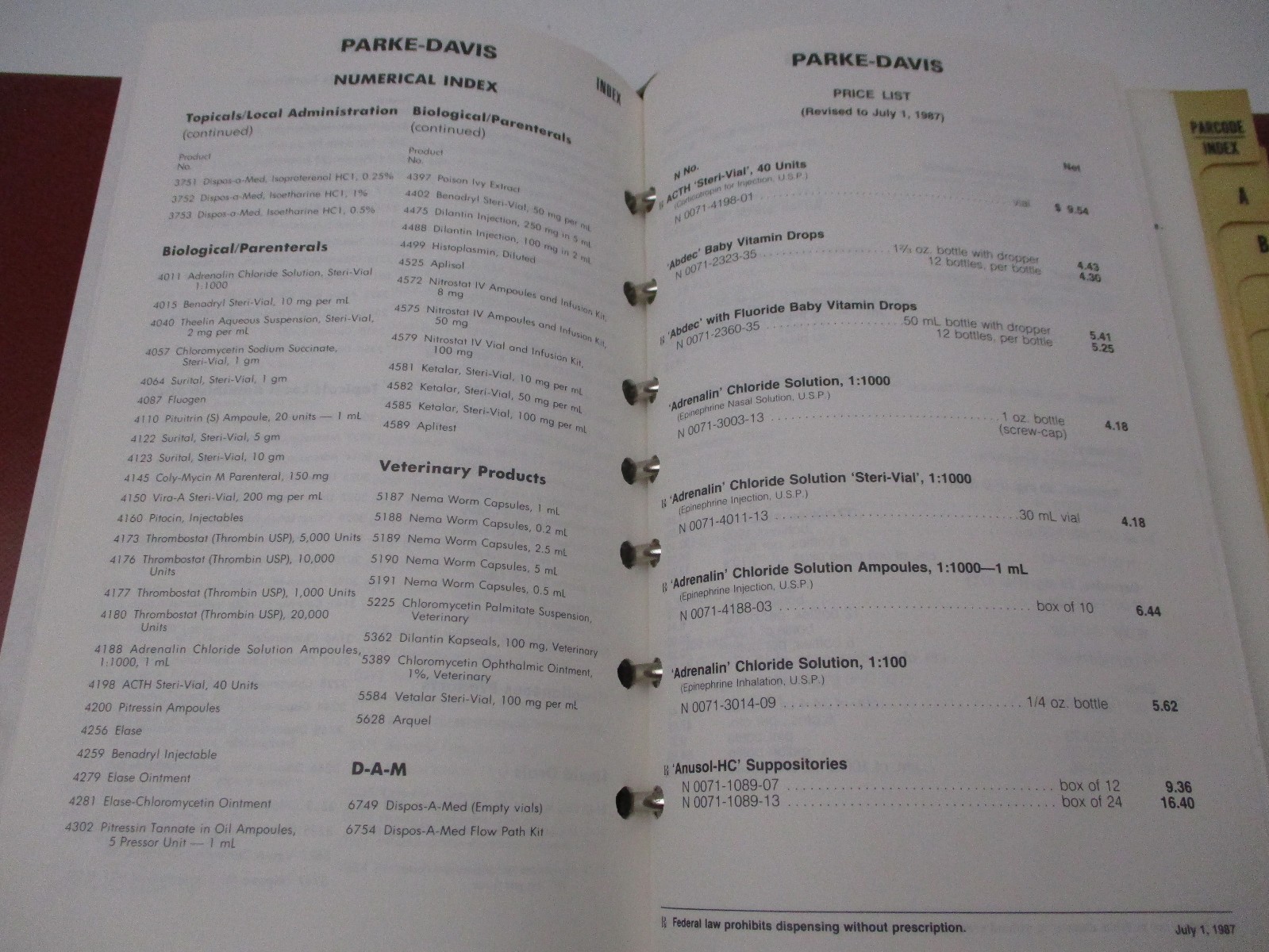 Vintage 1987 Parke Davis Price List Book Binder Pharmacy Chemist Drugs