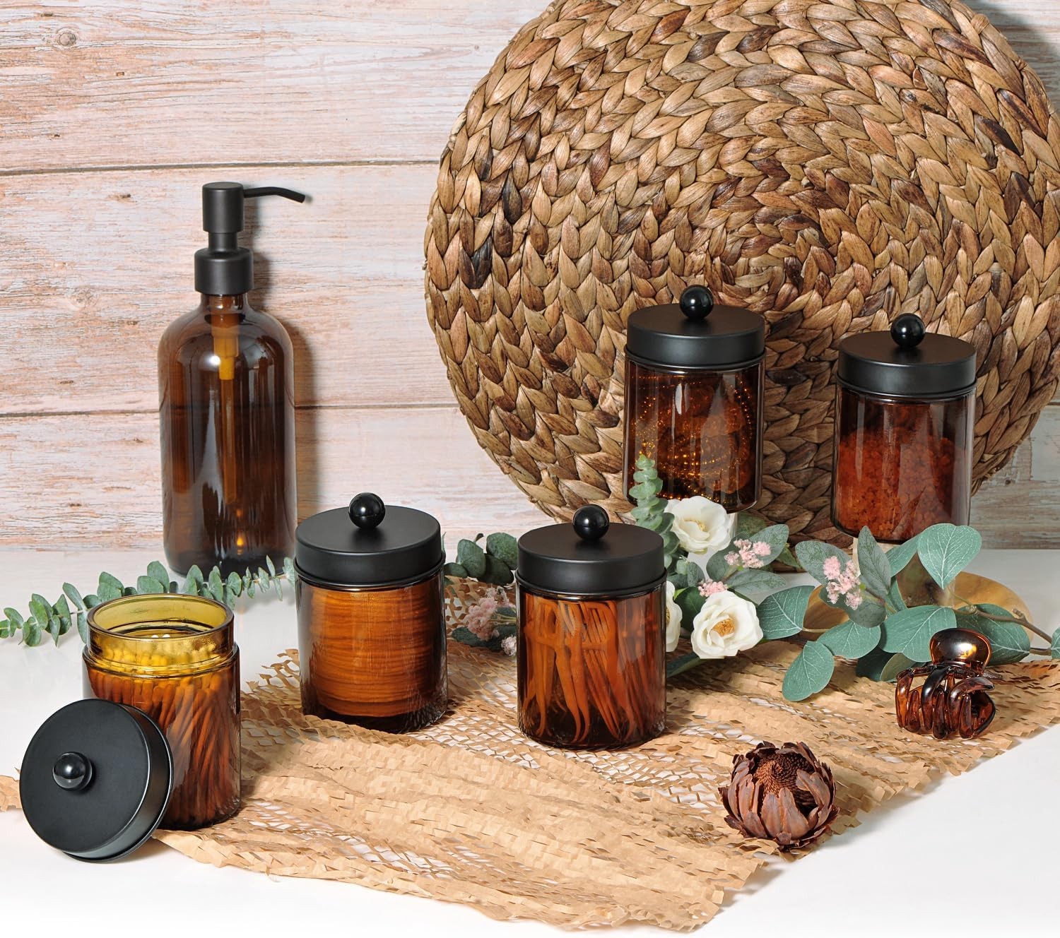 Amber Glass Qtip Holder, Apothecary Jars with Matte Black Metal Lid &