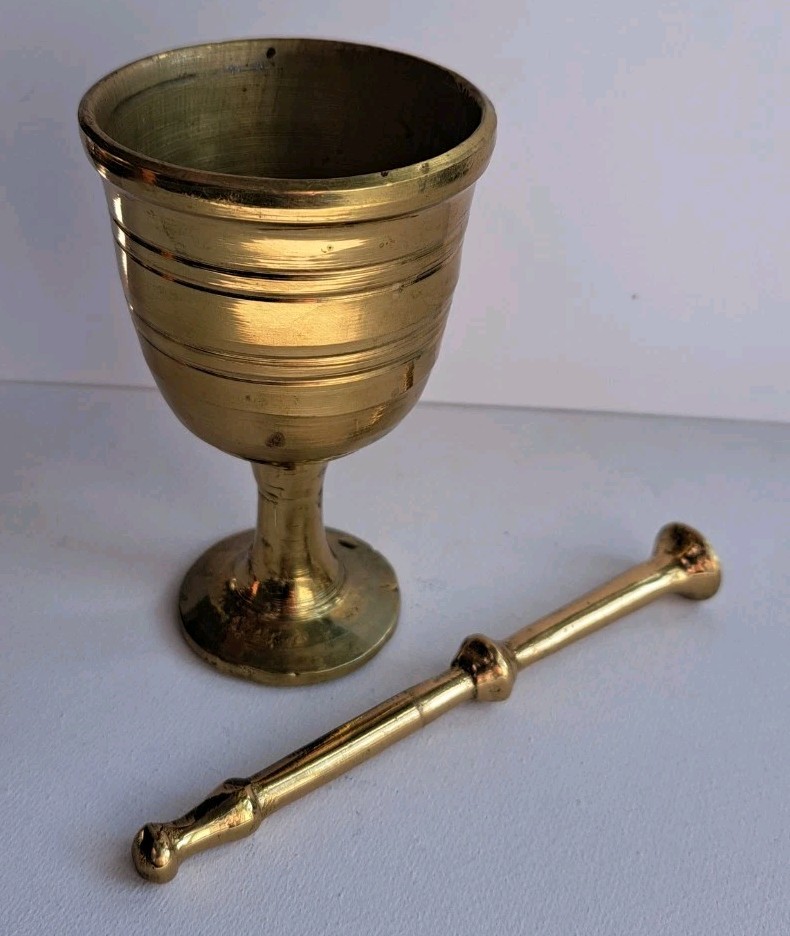 Vintage Heavy Brass SMALL Mortar And Pestle Set Apothecary Metal Gold-tone 4.5″