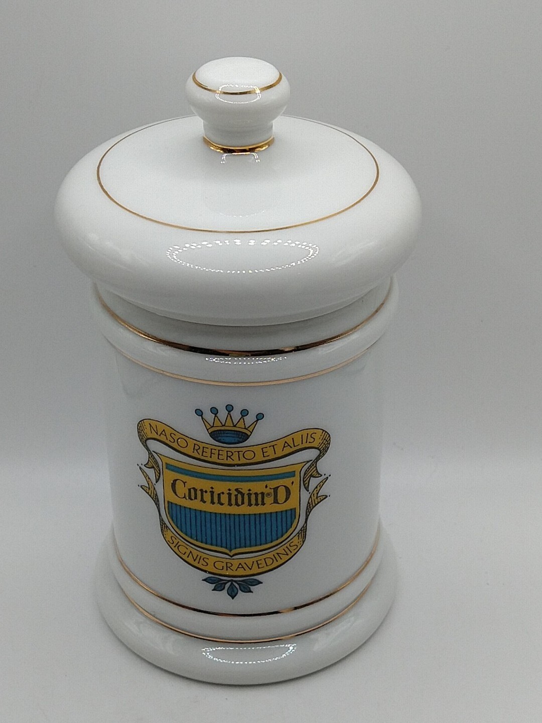 Vintage Coricidin D Porcelain Ceramic Gold Trim Pharmacy Apothecary Jar Japan 6″