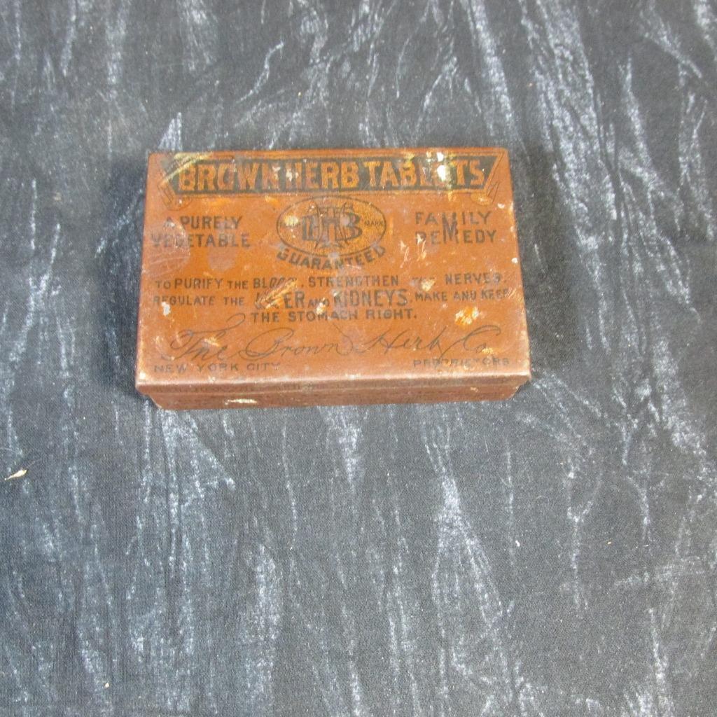Antique Brown Herb Tablets Tin Quackery Nerve Tonic, 1930’s