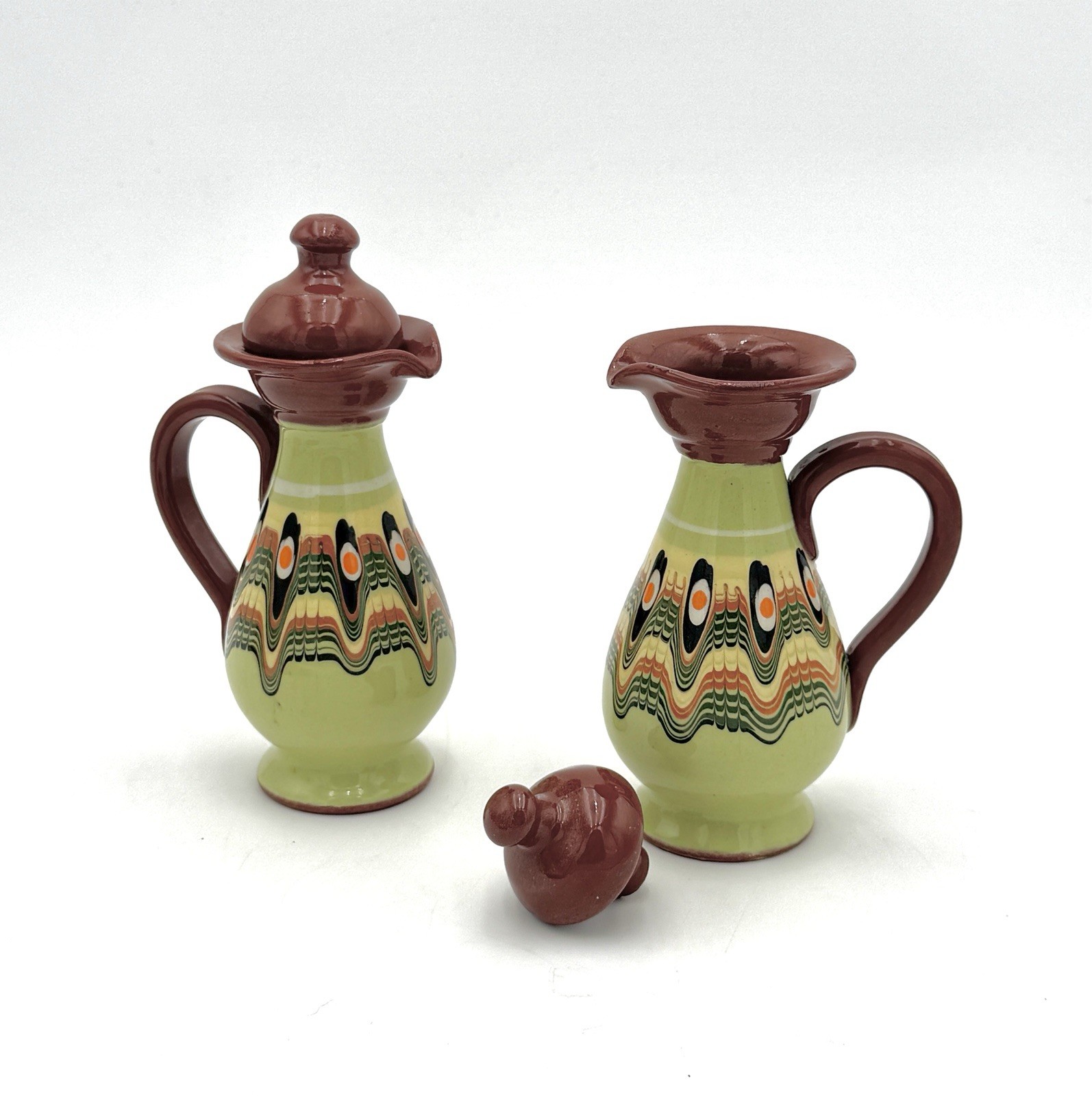 Vintage Bulgarian Peacock eye Dripware Pottery 5-Piece Condiment Set
