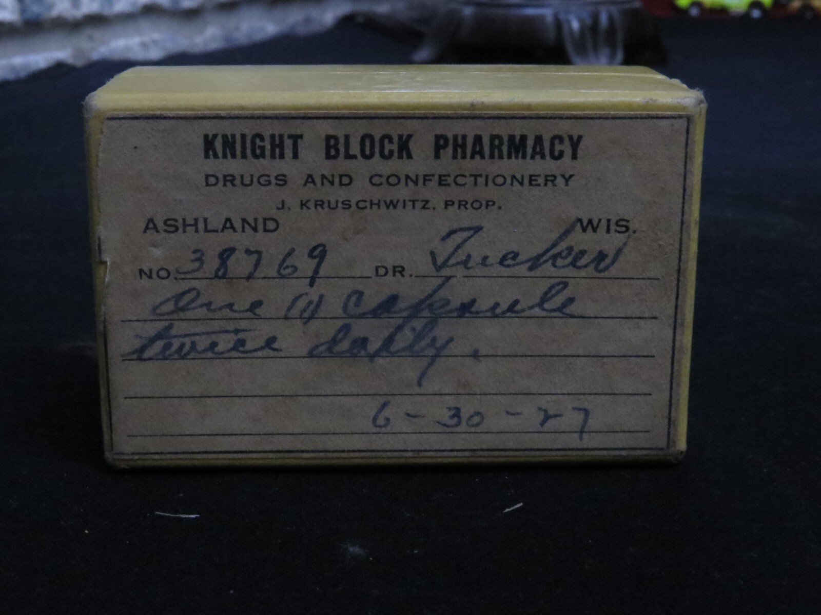 VINTAGE Prescription Cardboard Pill Box “Knight Block Pharmacy” Ashland, WI 1927