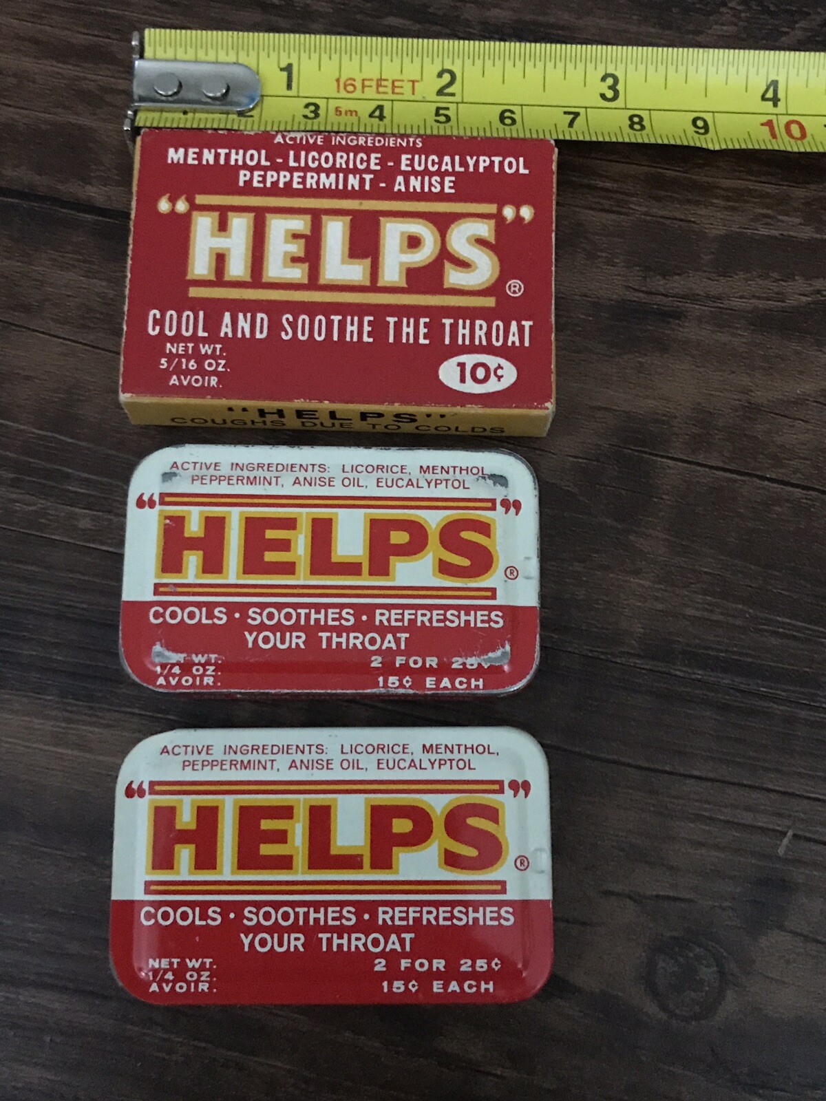 Vintage Helps 2 Metal Tins & Cardboard Box Cool And Soothe Throat