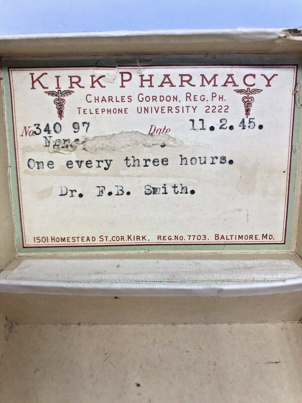 Vintage Kirk Pharmacy Prescription Pill Box, 1940s Baltimore, Maryland