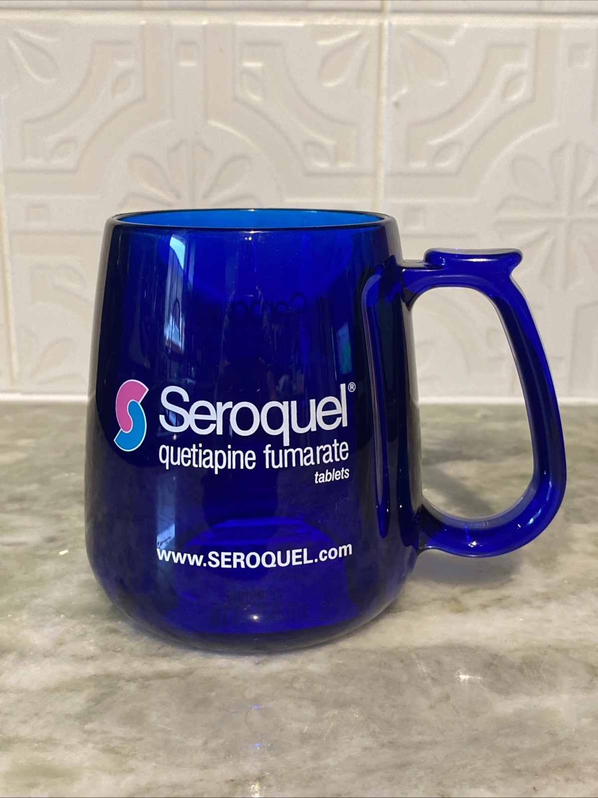 RARE Cobalt Blue Mug Seroquel Pharmaceutical Sales Rep Promotional Heavy Acrylic