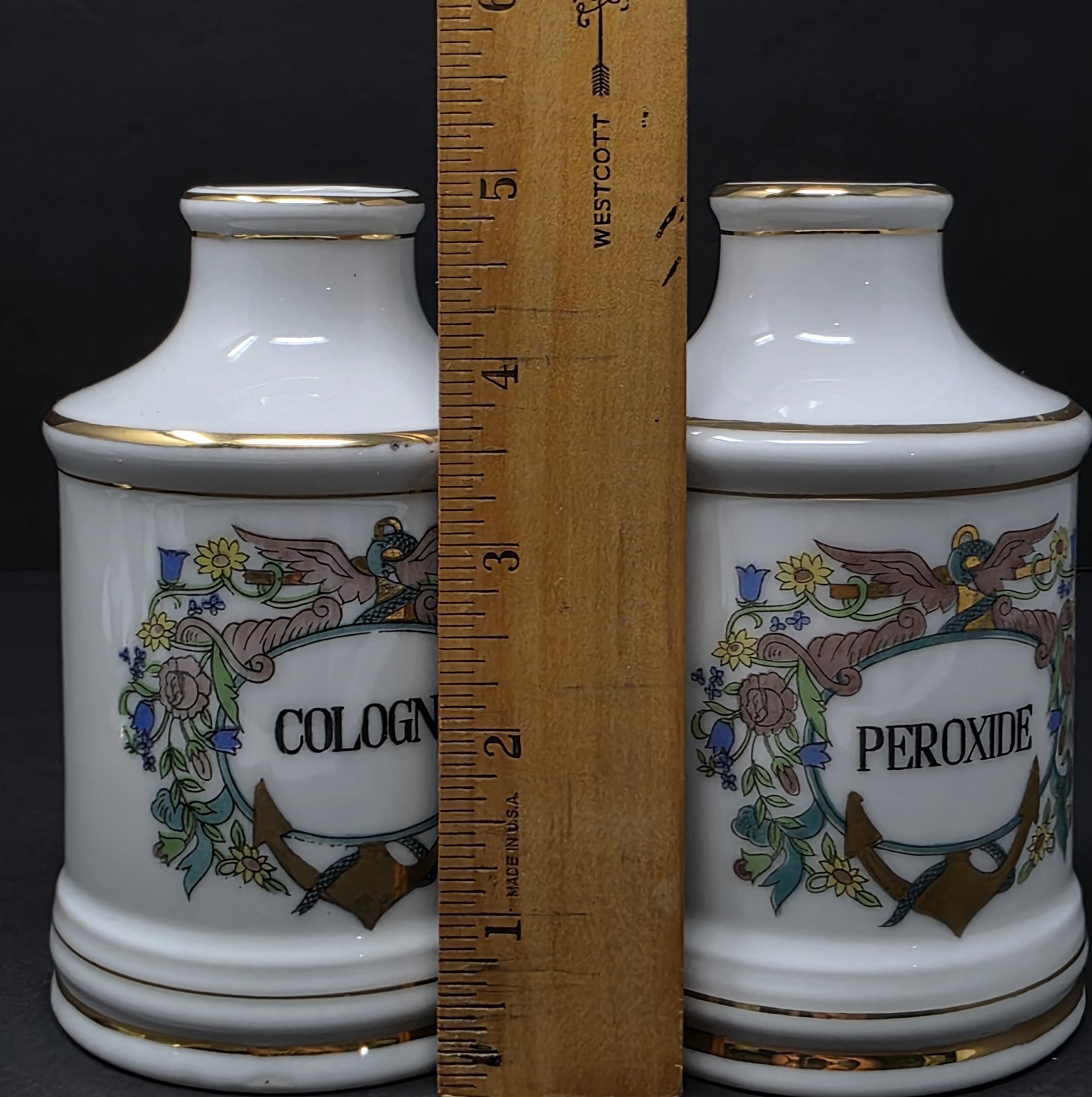 Vintage Porcelain Apothecary Medicine Jar Set Salts Cologne Gauze Perioxide