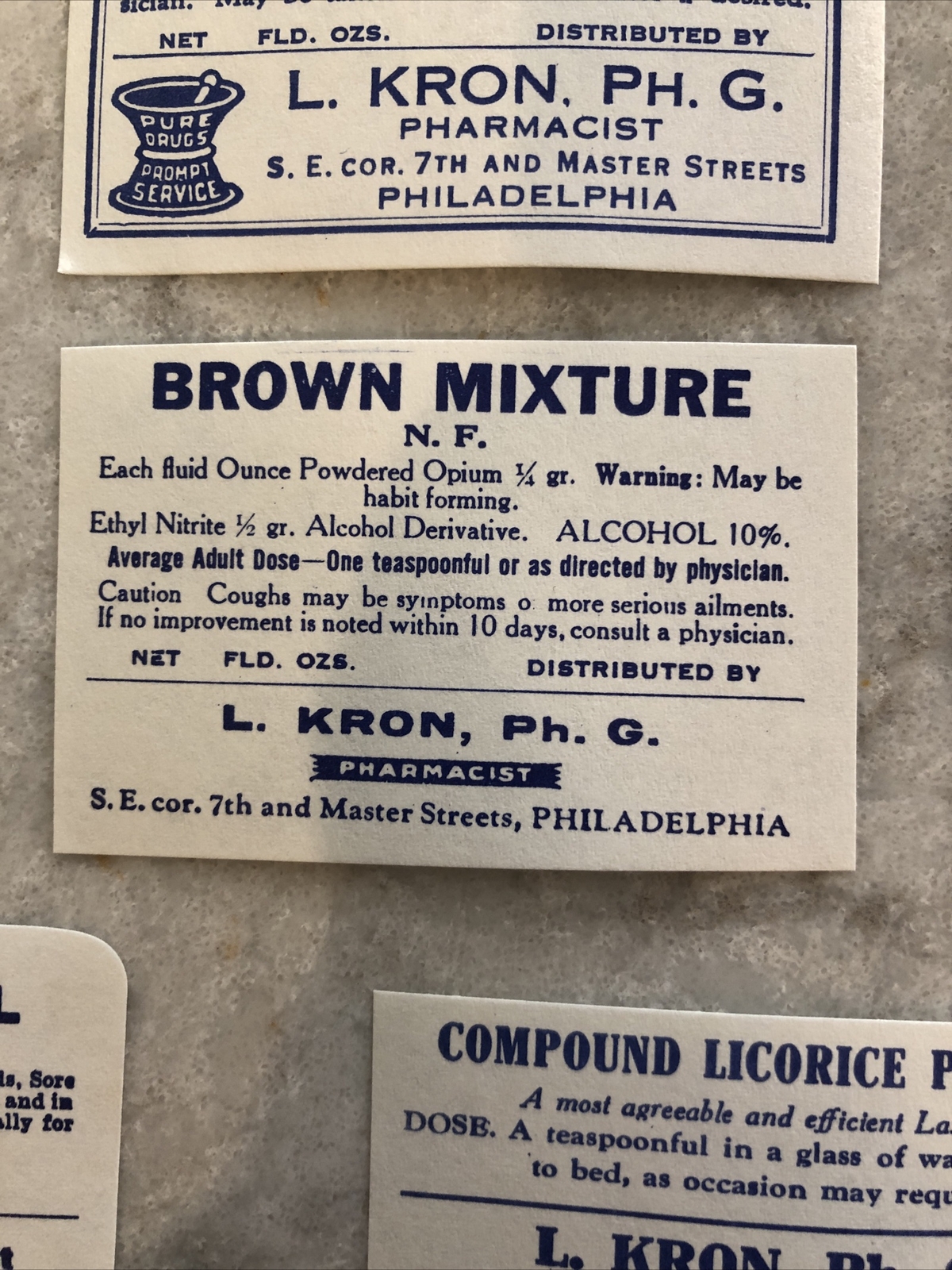 Lot 24 Antique Medicine Bottle Labels Opium, Poison – L. Kron Ph. G. Phila.