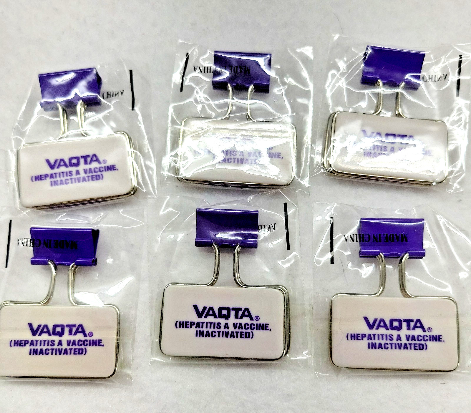 Vintage VAQTA Metal Paper Binder Clips Bag w/ 6 Clips Pharmaceutical Promo NOS