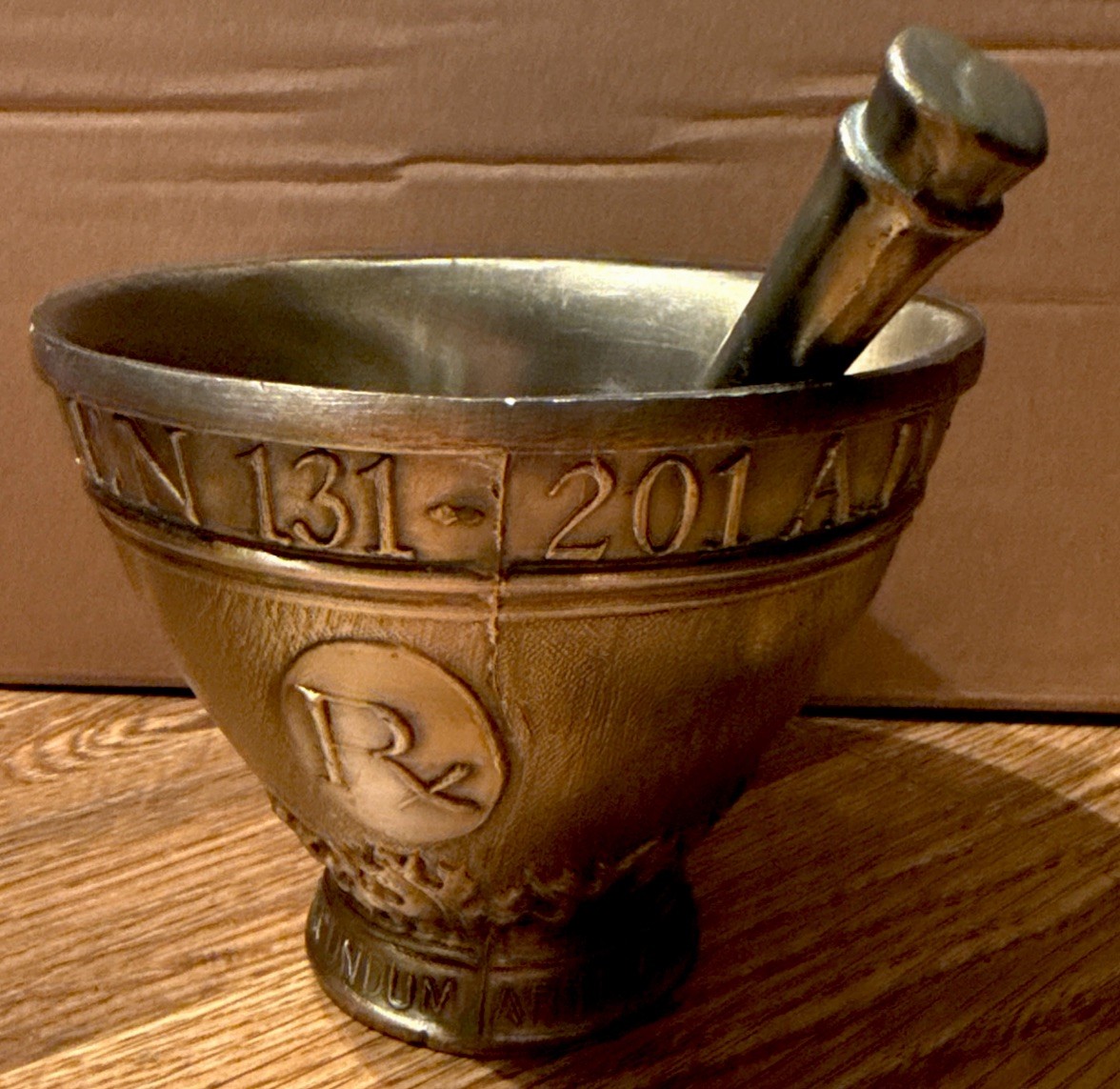 Vintage 1965 Schering ‘Galen’ Ornate Brass Pharmacist Mortar & Coricidin Pestle