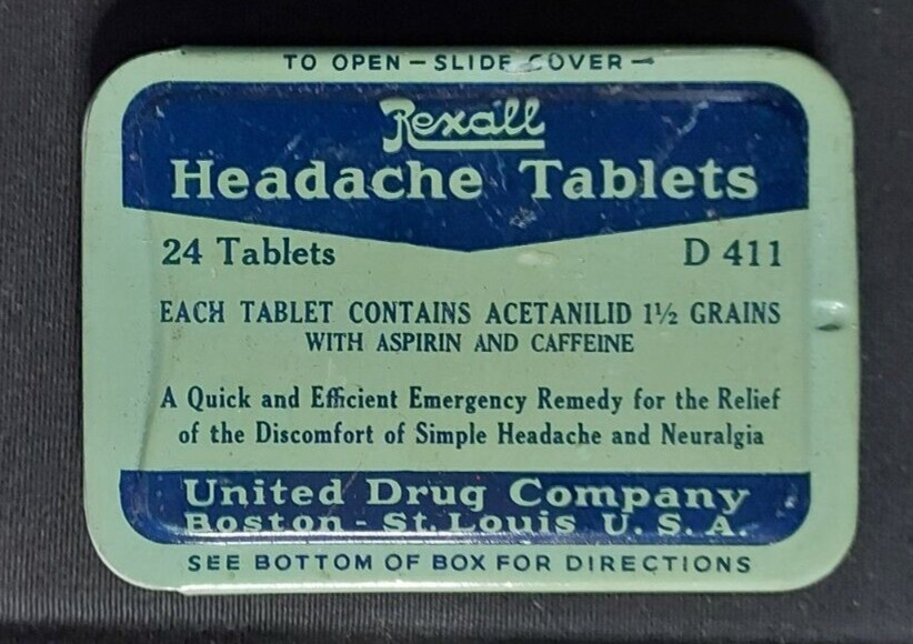 Old EMPTY Advertising Medicine Tin REXALL Headache Tablets United Drug Co Boston