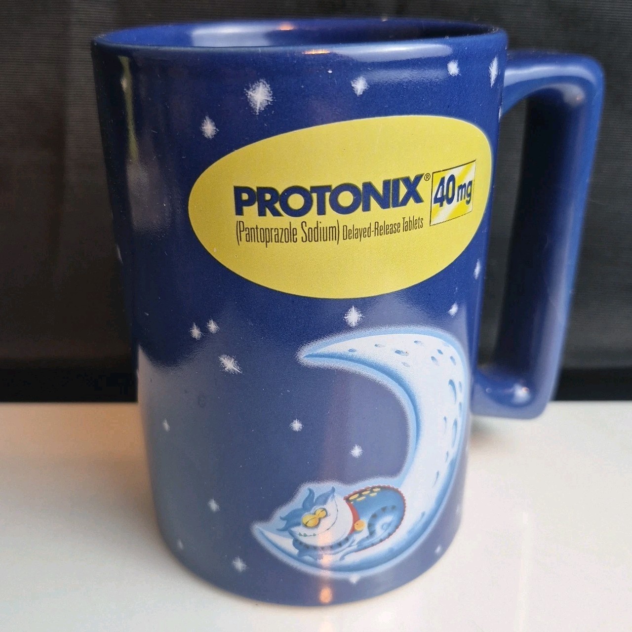 Protonix Drug Rep Coffee Mug Promo Sleeping Cat Moon Blue Ceramic Cup Collectibl