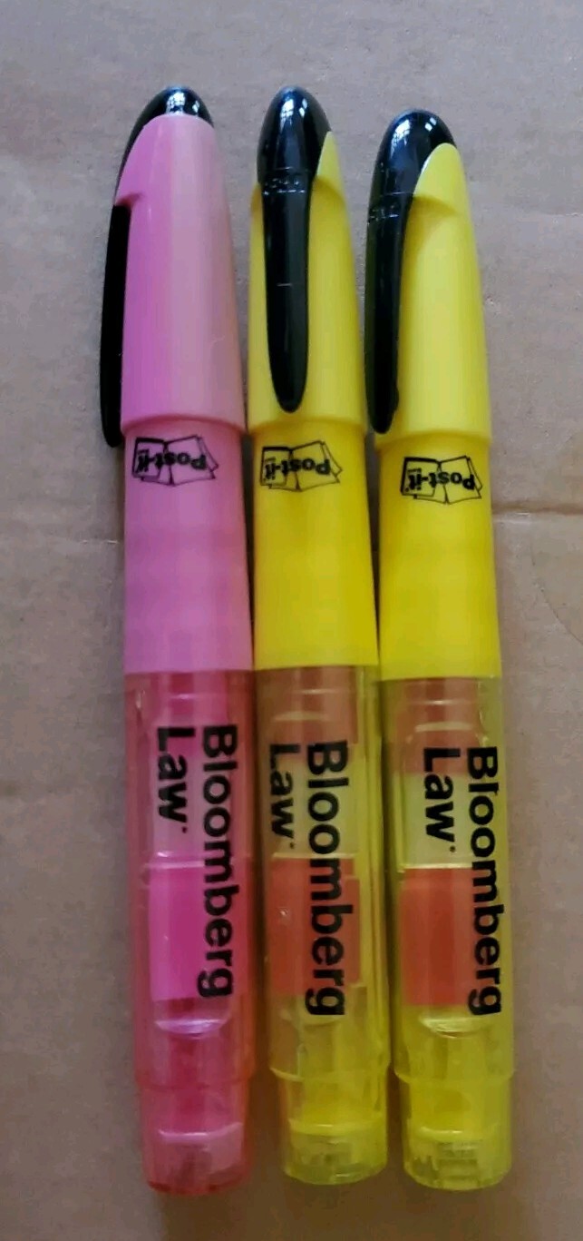3x Bloomberg Law Yellow/pink Highlighter Pen with Red Post-It Flags