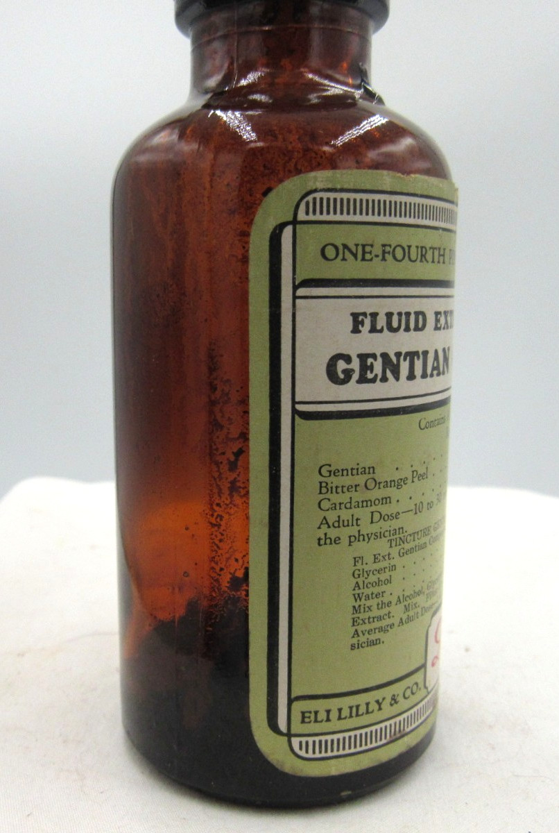 BW – 1950’s Eli Lilly Gentian Compound Indianapolis 5 1/4 Amber Medicine bottle