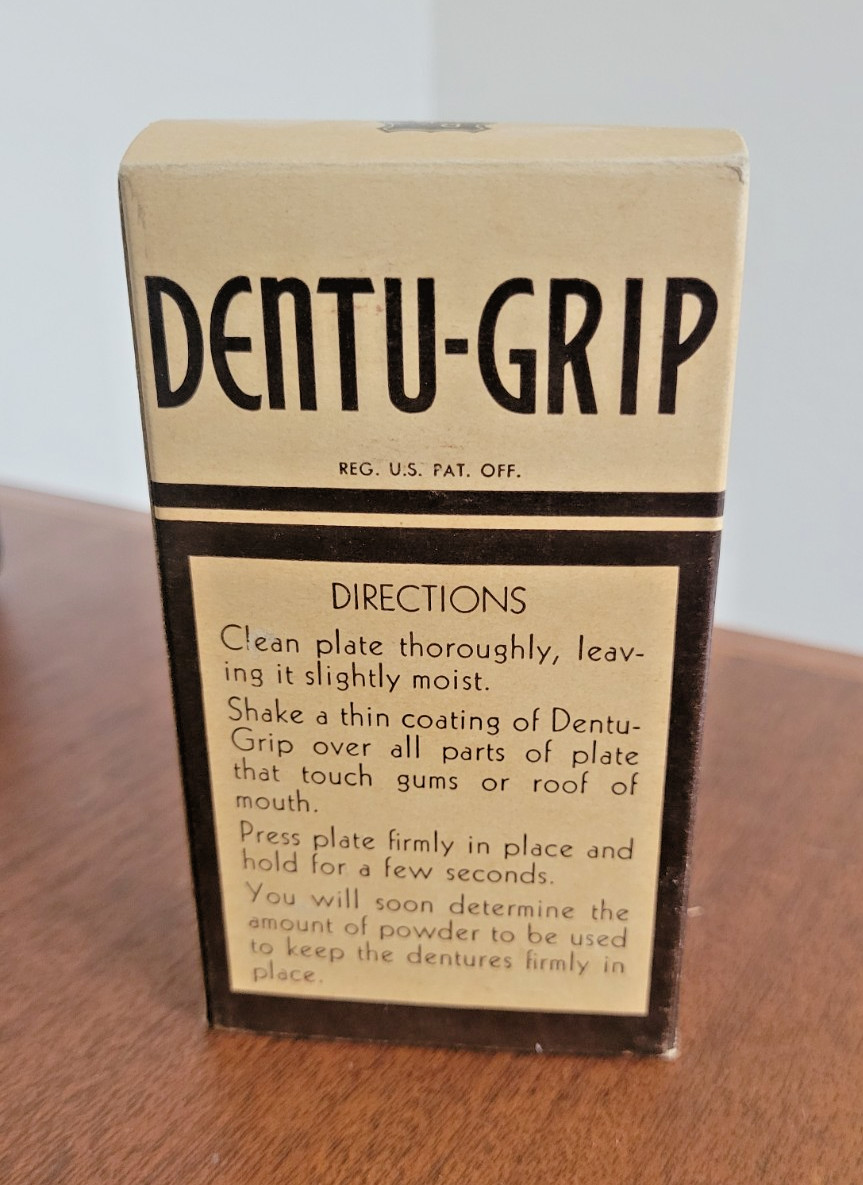 Vintage NOS Dentu-Grip 2.5oz tin with original Box by Block Drug Co.