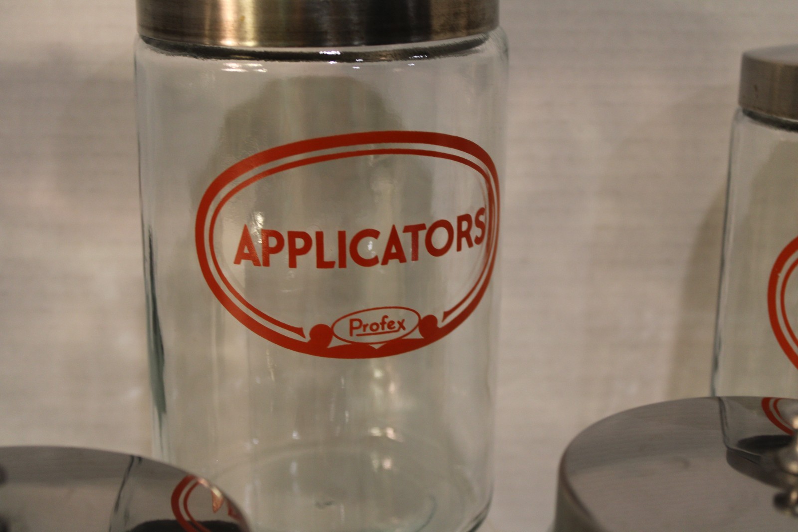 VINTAGE SET OF PROFEX APOTHECARY JARS SET OF 8 7″ AND 3″ ORIGINAL LIDS NO DAMAGE