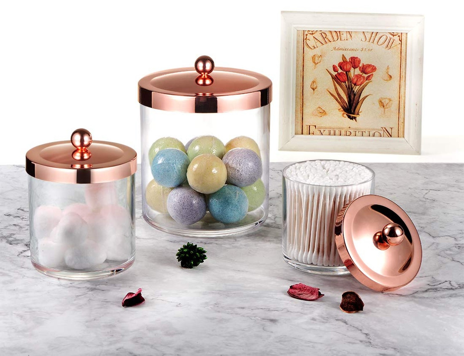 SheeChung 3-Pack Plastic Apothecary Jars with Rose Gold Metal Lids – Large 50…