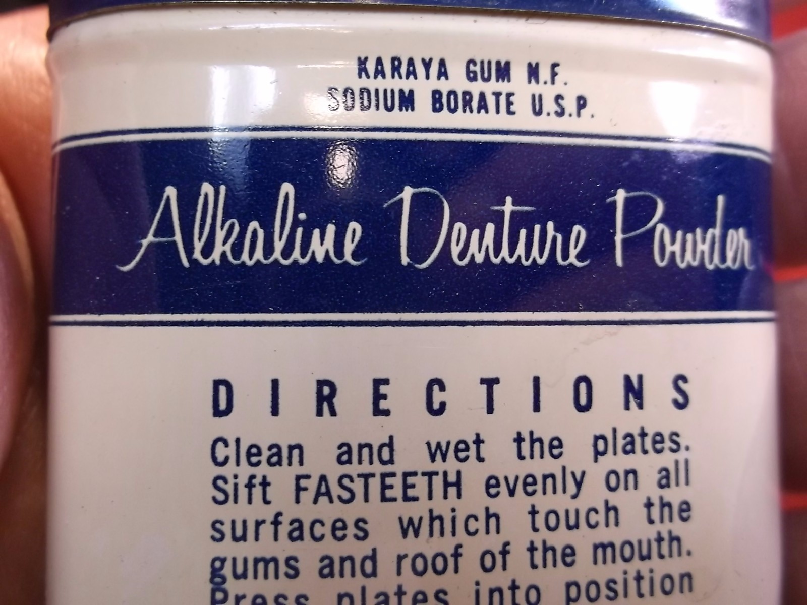 #4 of 4, NEAT OLD VTG ANTIQUE “FASTEETH” ALKALINE DENTURE POWDER TIN, & CONTENTS