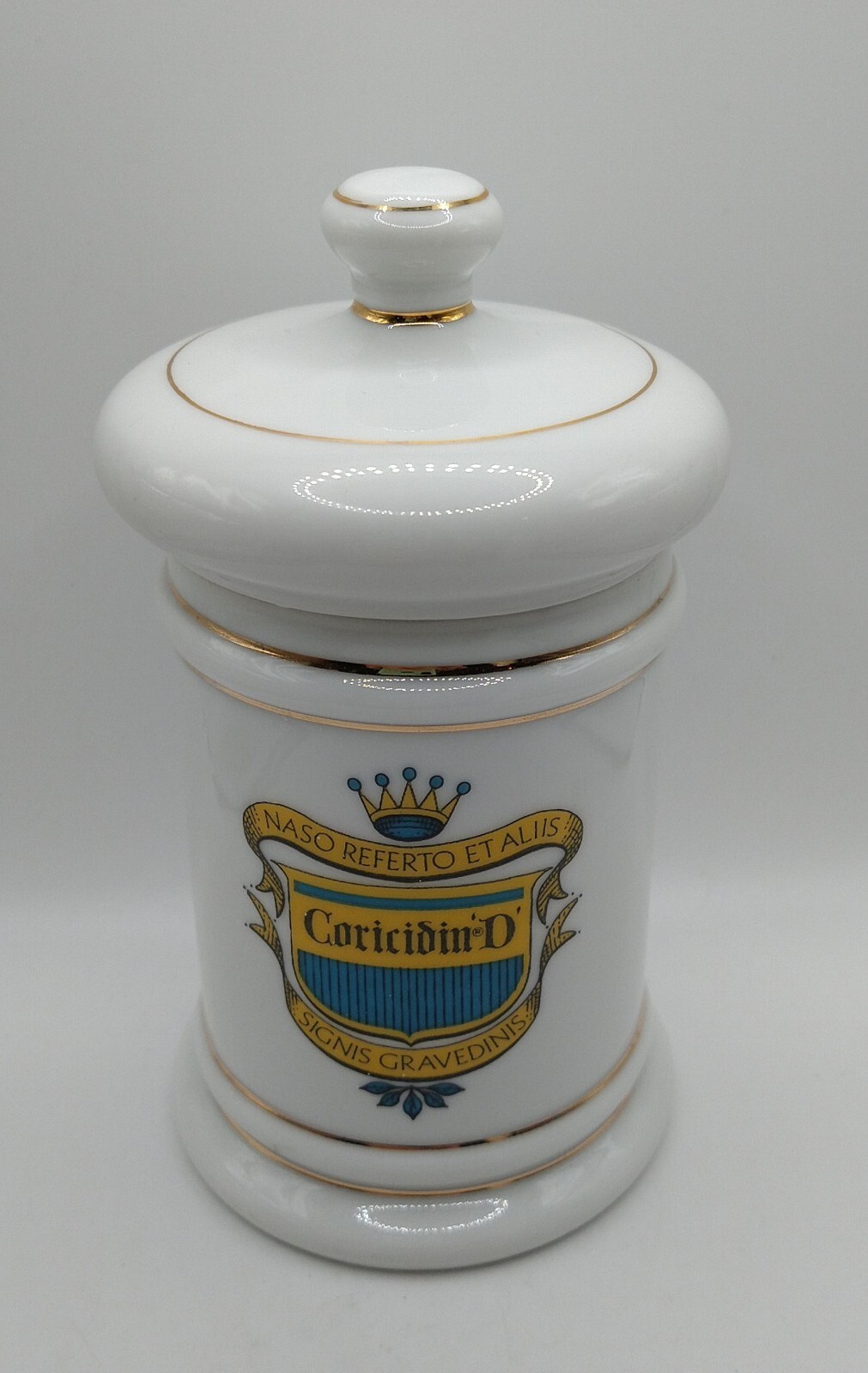 Vintage Coricidin D Porcelain Ceramic Gold Trim Pharmacy Apothecary Jar Japan 6″