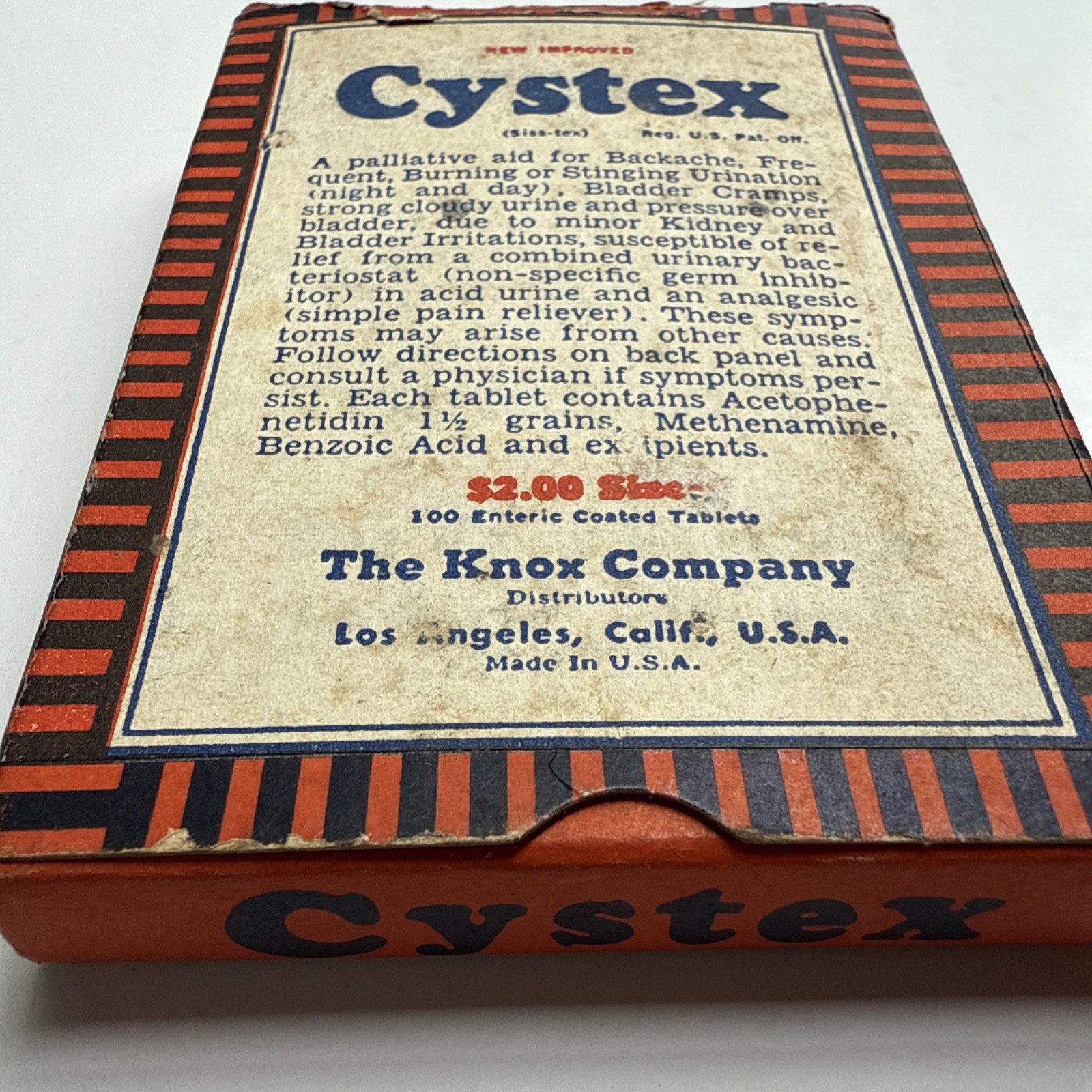 Vintage Cystex Pharmaceutical Pills Box Knox Co. CA $2 size 100 tablets – empty