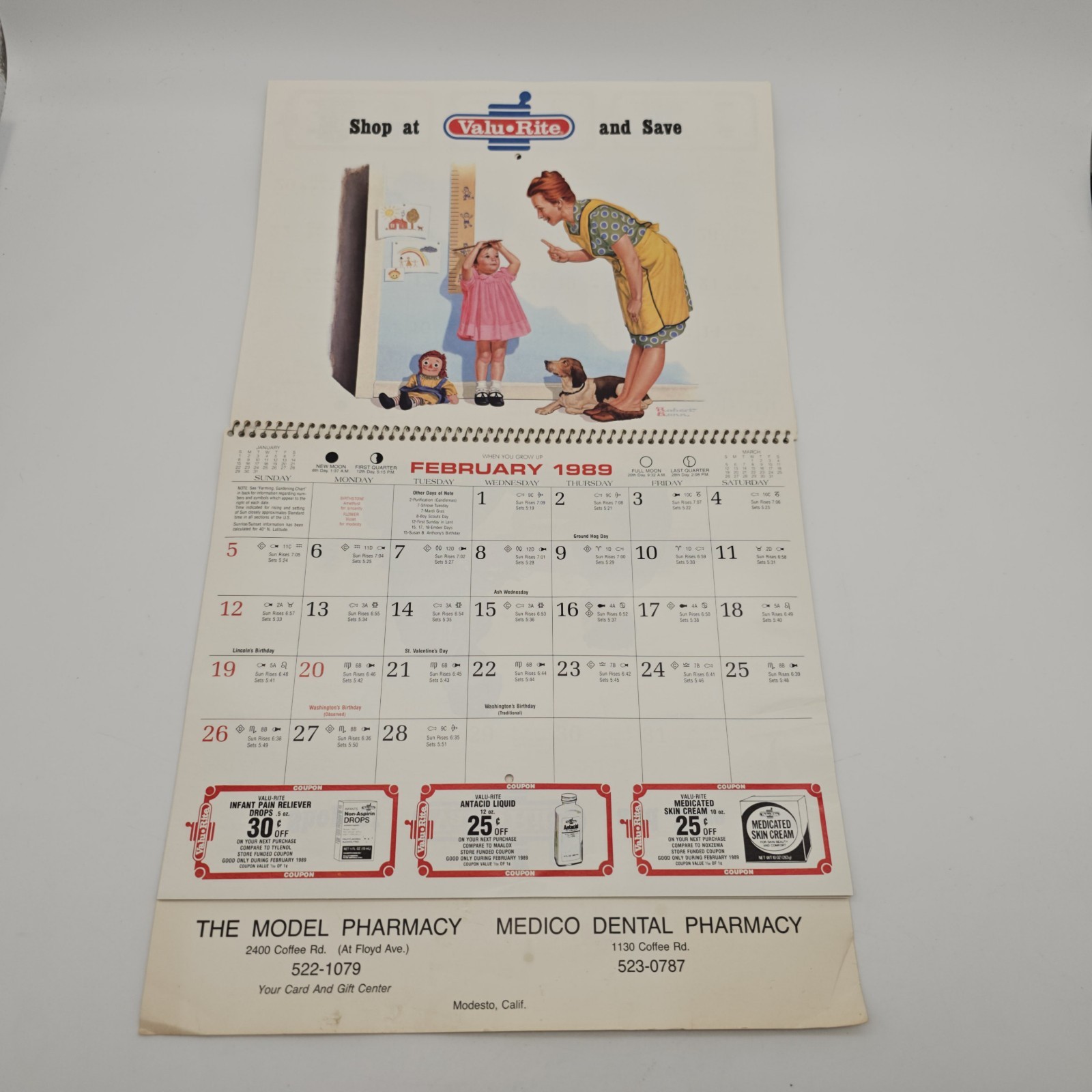 VTG 1989 Valu•Rite Calendar MODESTO, CA The Model Pharmacy Medico Dental COUPONS