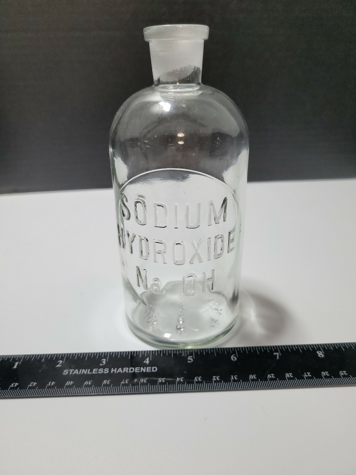 Wheaton No Sol Vit 5 Glass Bottle Embossed Sodium Hydroxide NaOH USA 6.75″ VTG
