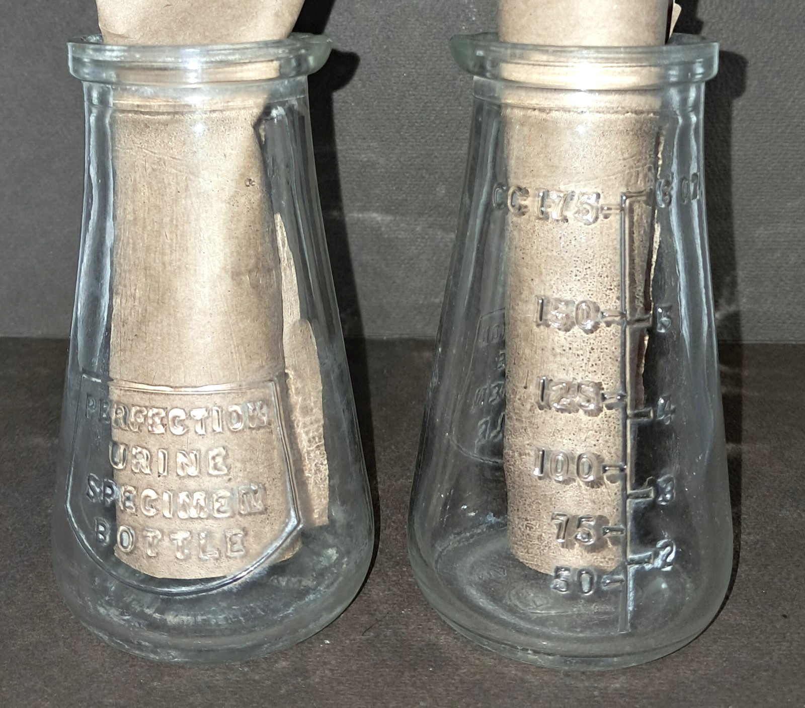 Pair of 6oz Vintage “Protex” Perfection Glass Urine Specimen Bottles 41 Stamp