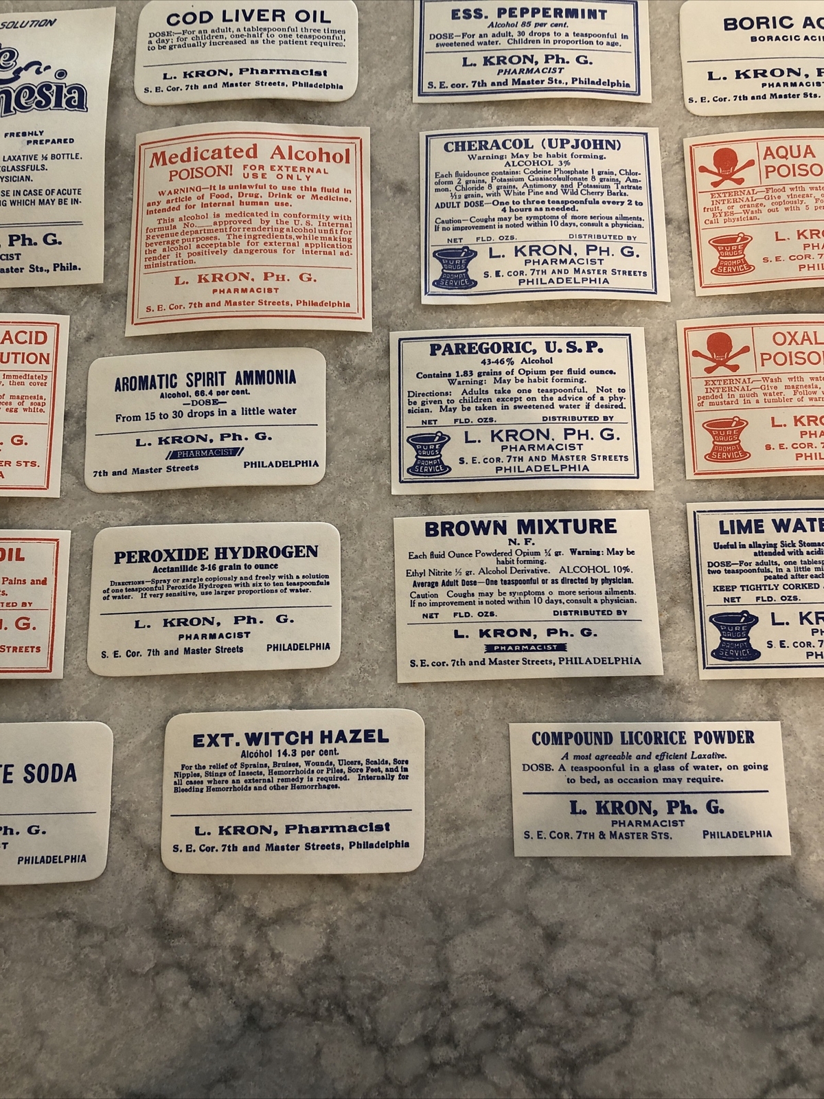 Lot 24 Antique Medicine Bottle Labels Opium, Poison – L. Kron Ph. G. Phila.