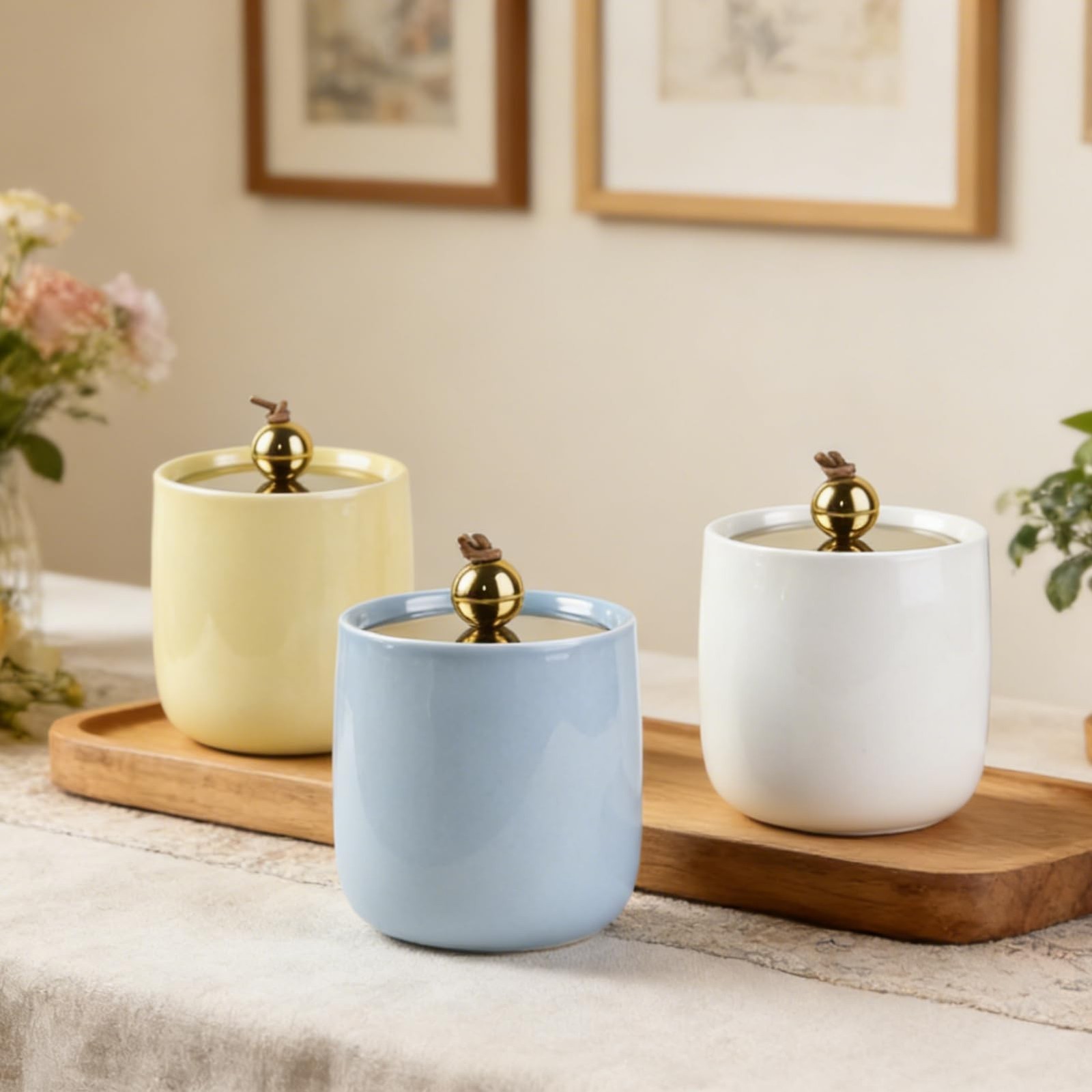 Ceramic Qtip Holder Dispenser with Gold Lids 2 Pack, Yellow Apothecary Jars B…