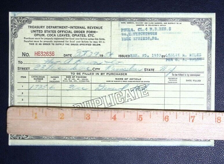 1948 Treasury Department Opium Coca Leaves Opiates Official Order Form