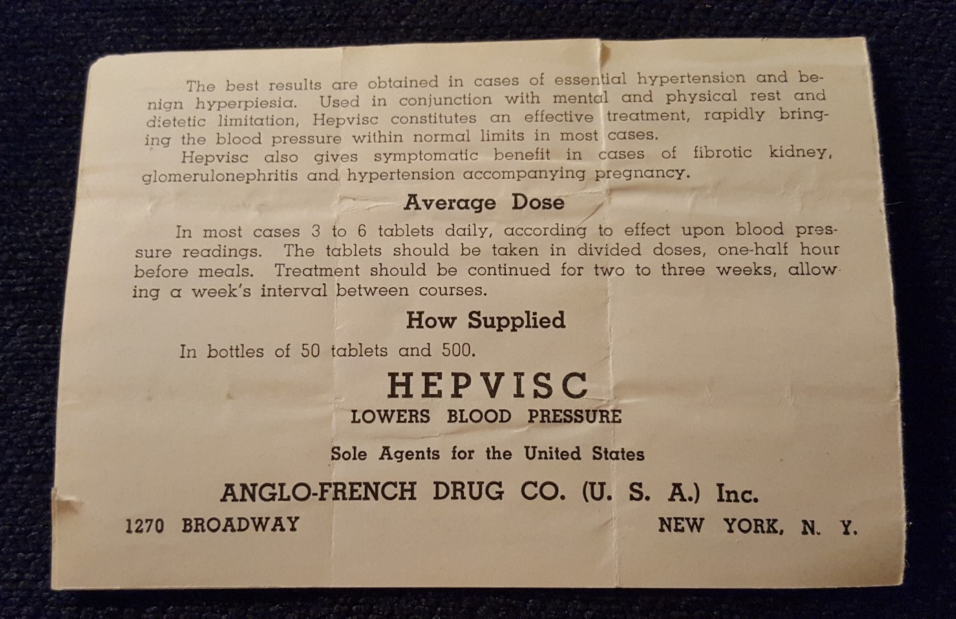 Vintage Medical Advertisement Paper Brochure Hepvisc Drug for High BP Medicine