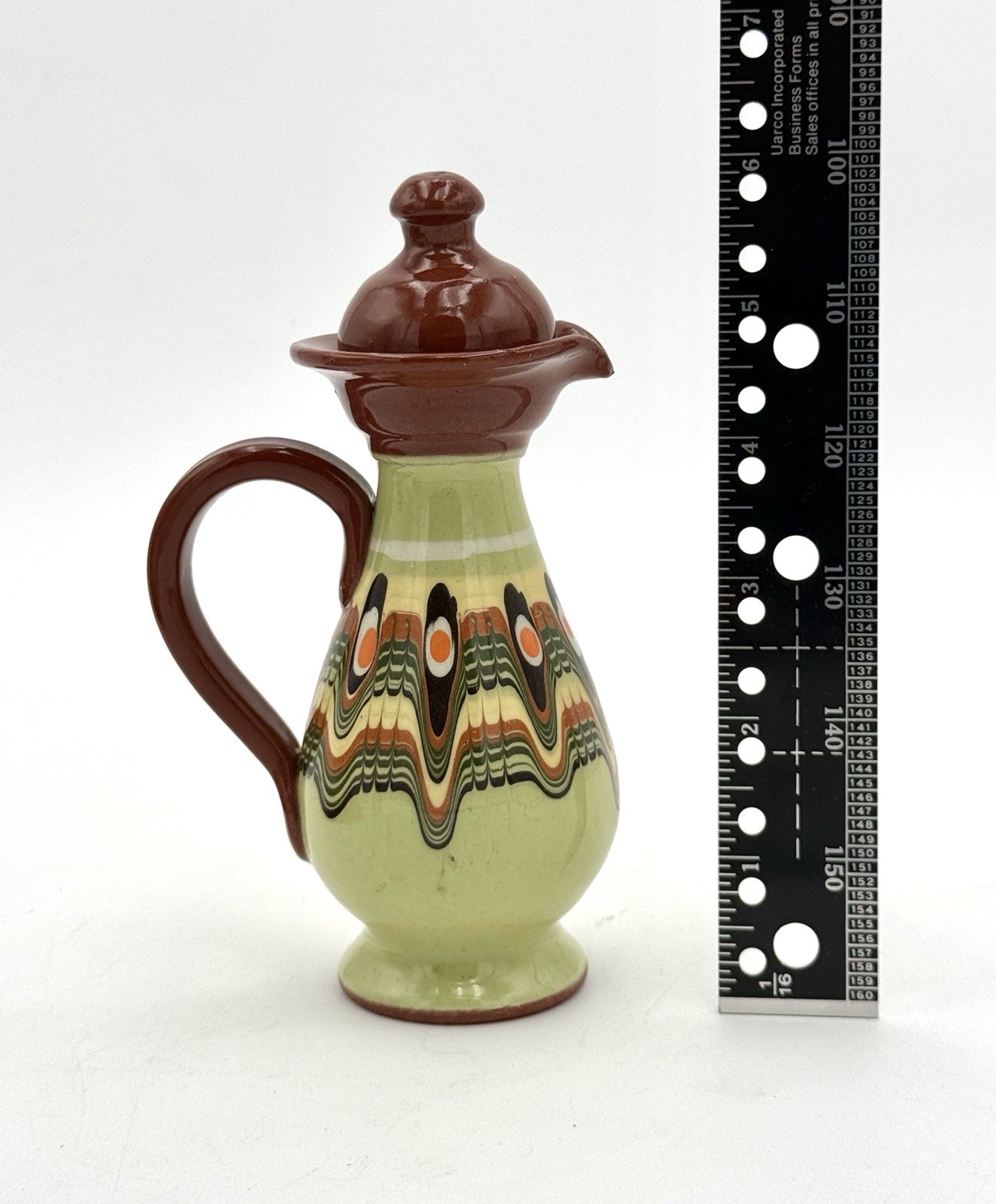 Vintage Bulgarian Peacock eye Dripware Pottery 5-Piece Condiment Set