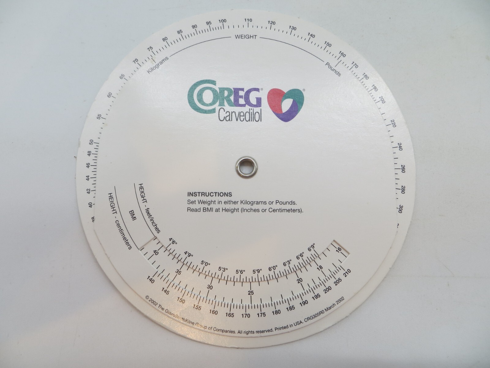 2002 Drug Rep Promo COREG Carvedilol BMI Calculator Wheel Dr. vtg