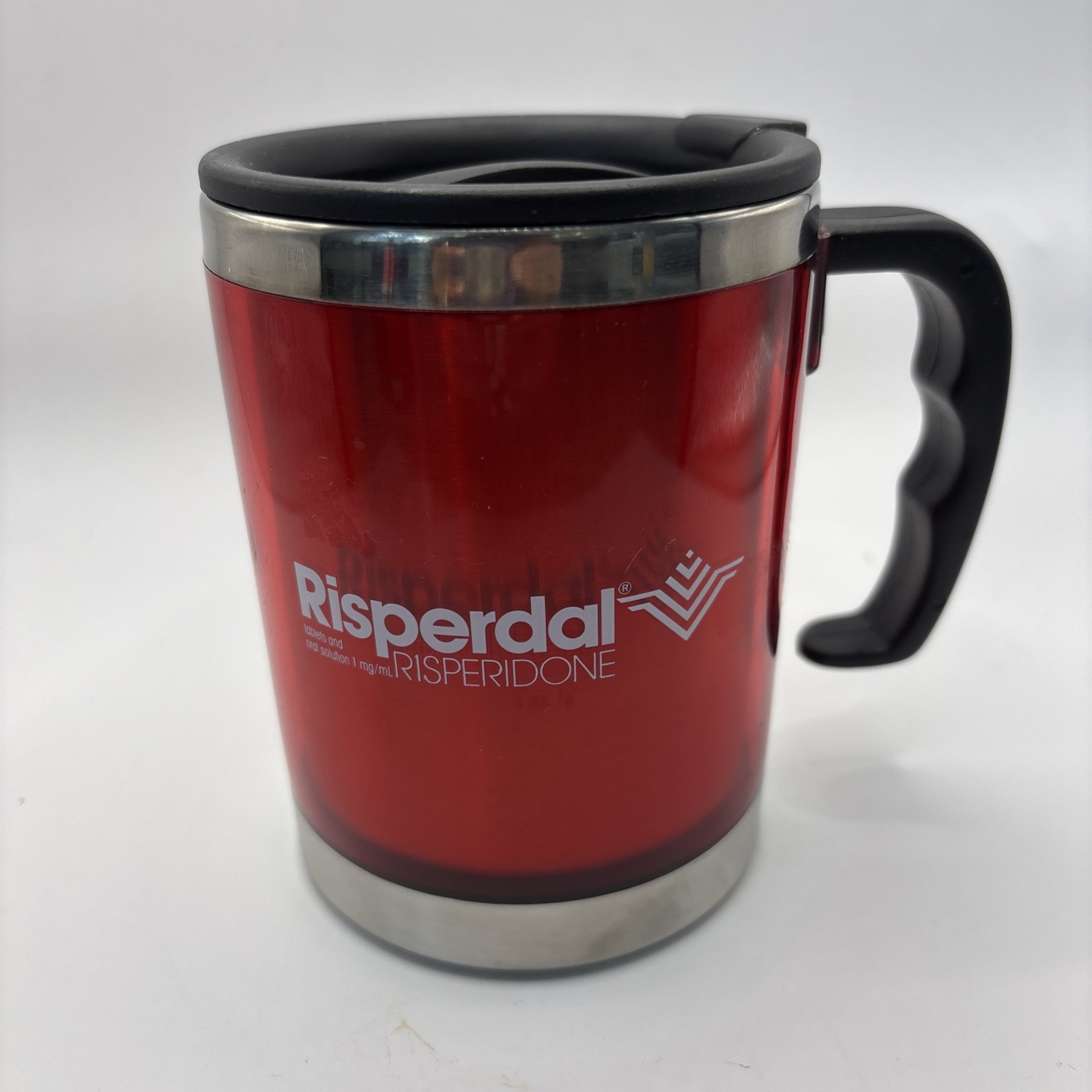 2 Risperdal Pharmaceutical Drug Rep Red Insulated Travel Coffee Mugs W/Lids NEW
