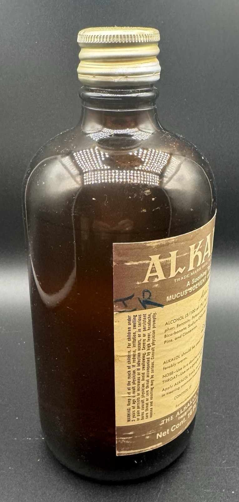 Vintage Alkalol Soothing Topical Mucus Solvent and Cleaner Full Brown Bottle