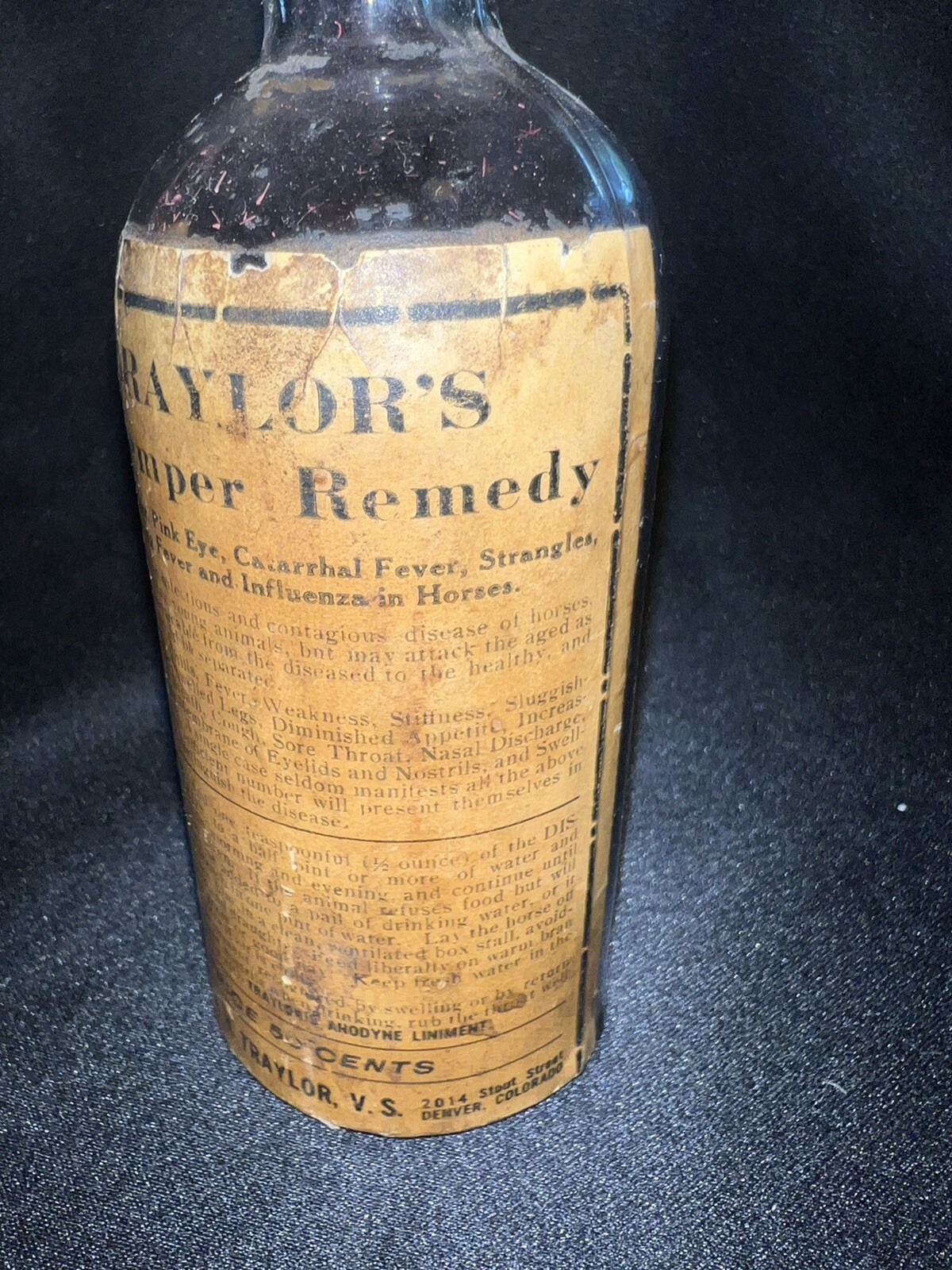 Vntg Distemper Remedy Bottle Paper Label Denver Colorado