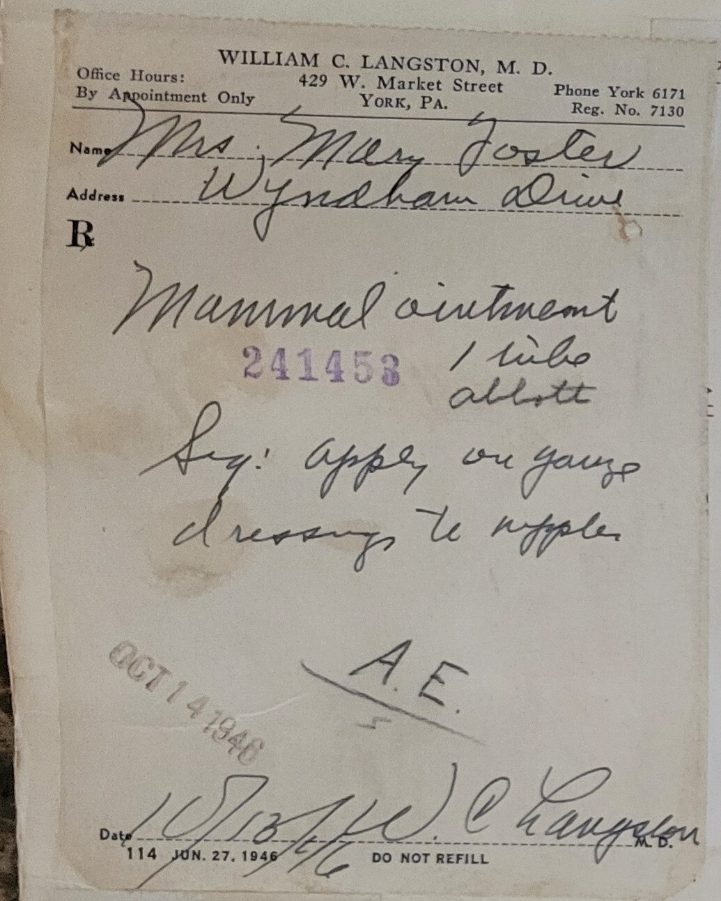 1946 2-sided Pharmacy Ledger Page – 16 vintage prescriptions – ERGOT