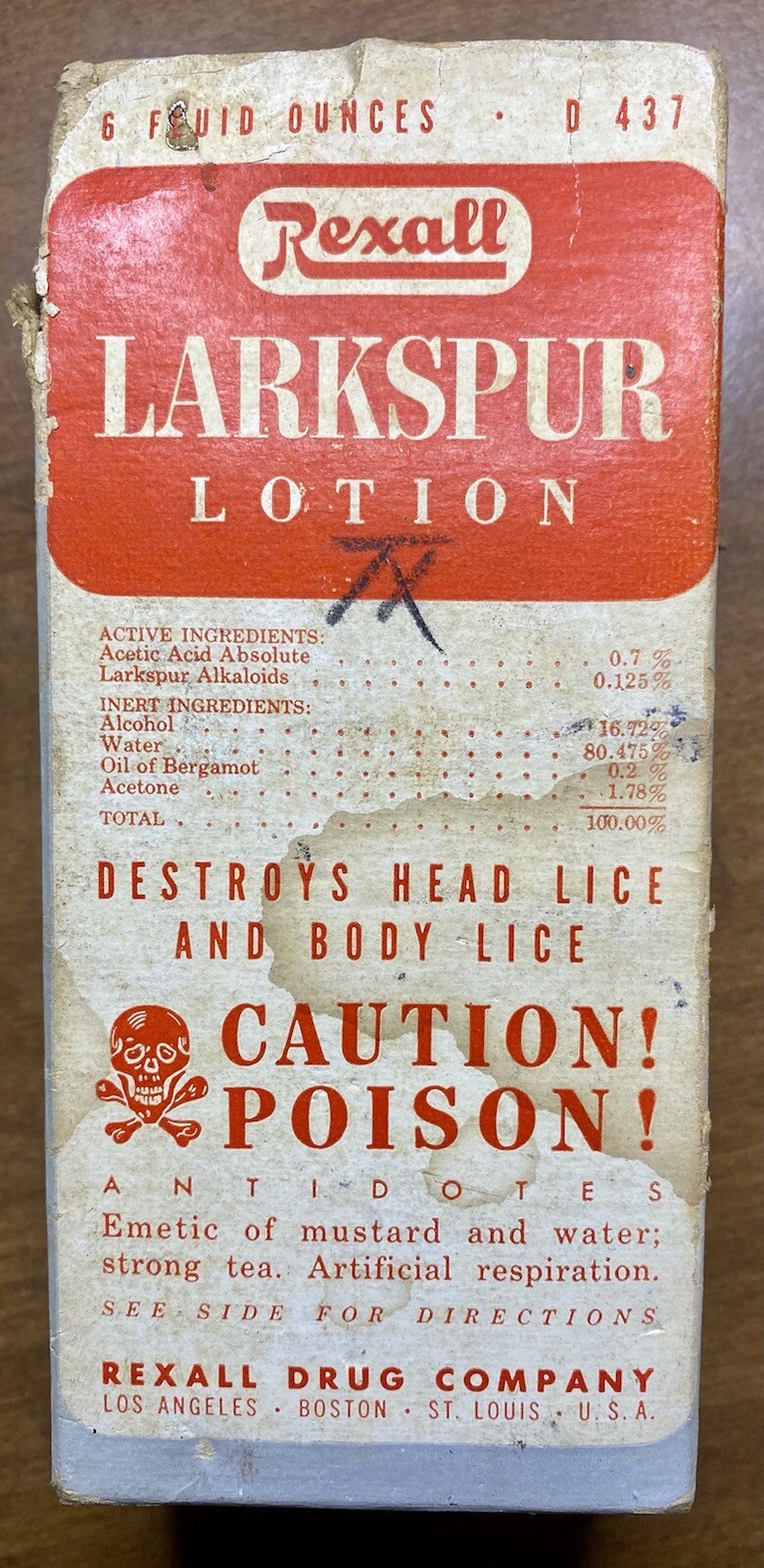 Vintage Rexall Drug Co Larkspur Lotion w/ Box POISON Hazel Atlas Blue Bottle