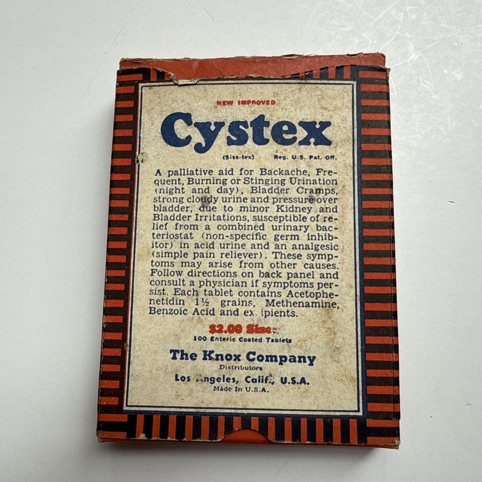 Vintage Cystex Pharmaceutical Pills Box Knox Co. CA $2 size 100 tablets – empty