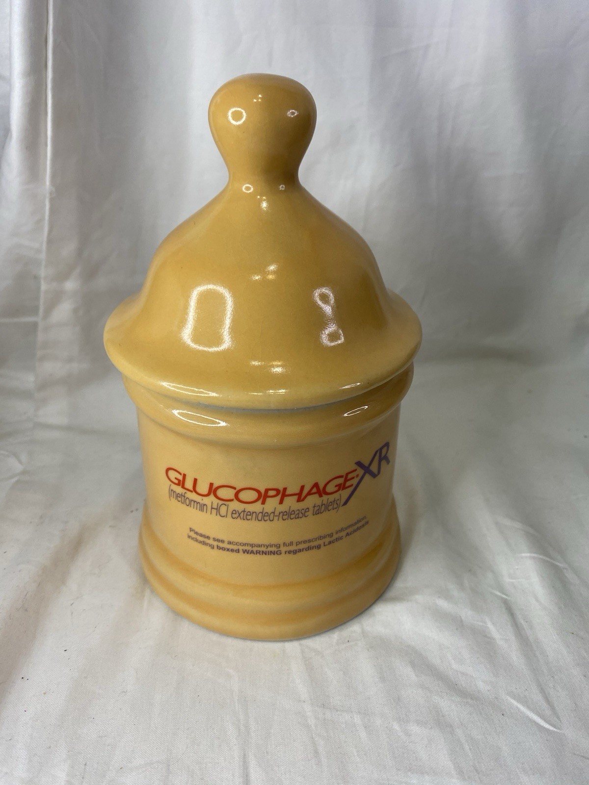 Vtg GLUCOPHAGE XR Pharmaceutical Advertisement Yellow Lidded Urn Apothecary Jar