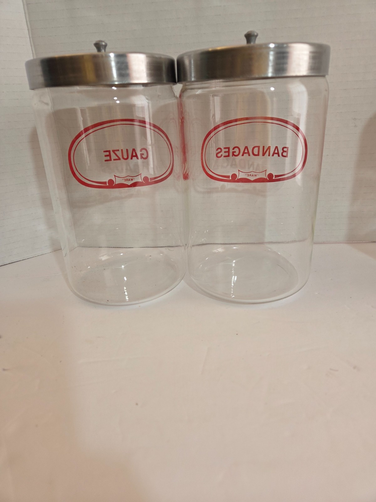 2 Vintage 7″ Grafco Glass & Steel Medical Apothecary Containers Gauze / Bandages