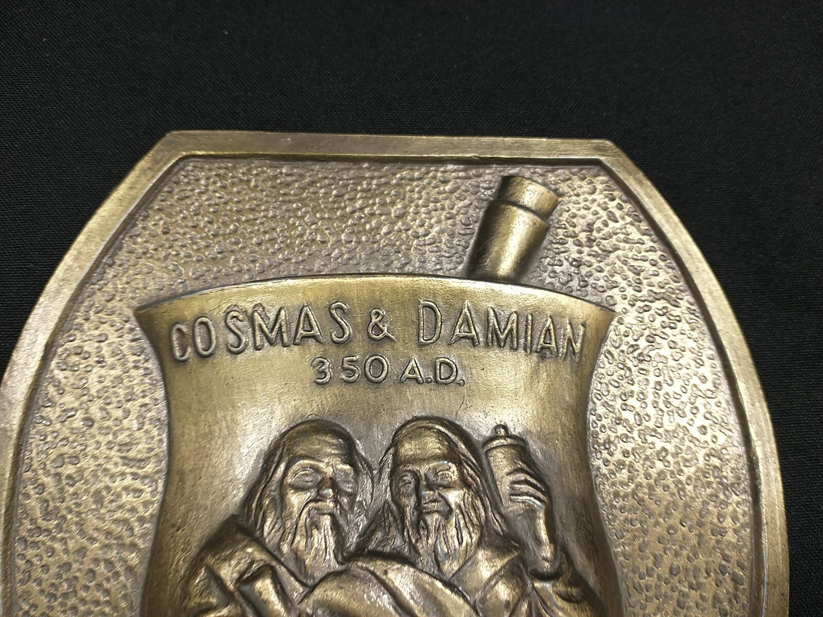 Cosmas & Damian 350 AD Secundum Artem RX Brass Plaque 1980 Promo Pharmaceutical