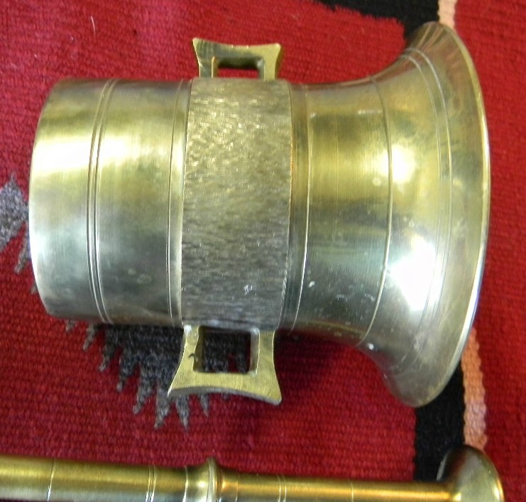 ANTIQUE LARGE SOLID BRASS 4″ TALL MORTAR & PESTLE PHARMACIST CHEMIST APOTHECARY