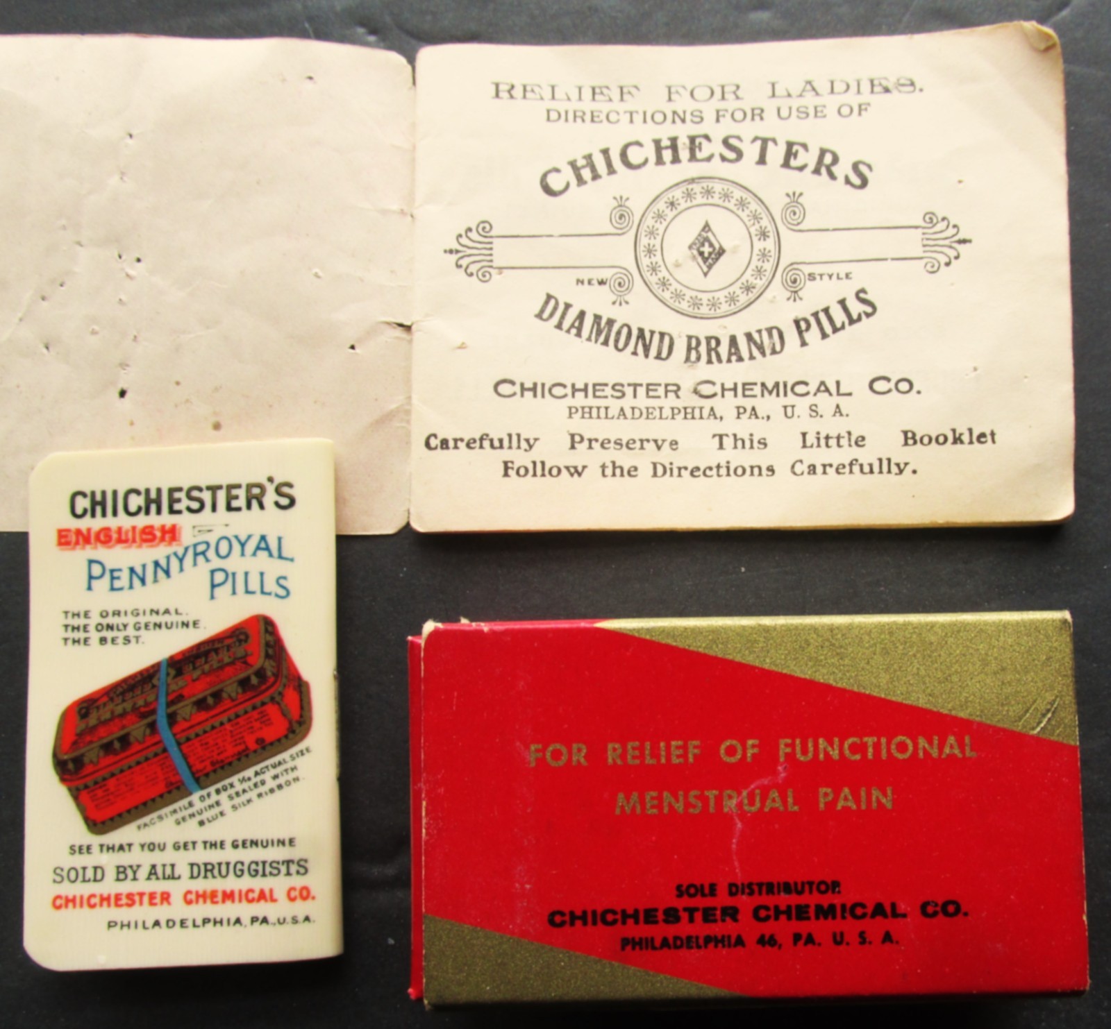 Vintage Group Of CHICHESTER Menstrual Medicine Items Booklet Box Celluloid Book