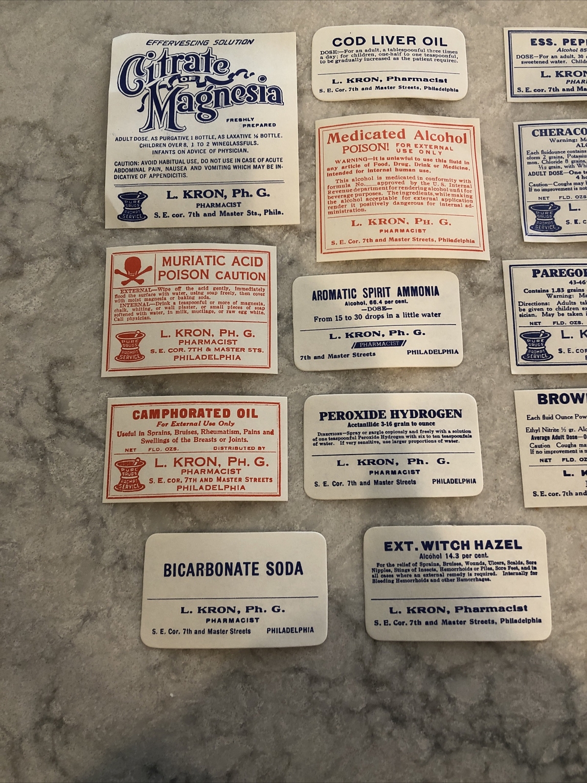 Lot 24 Antique Medicine Bottle Labels Opium, Poison – L. Kron Ph. G. Phila.