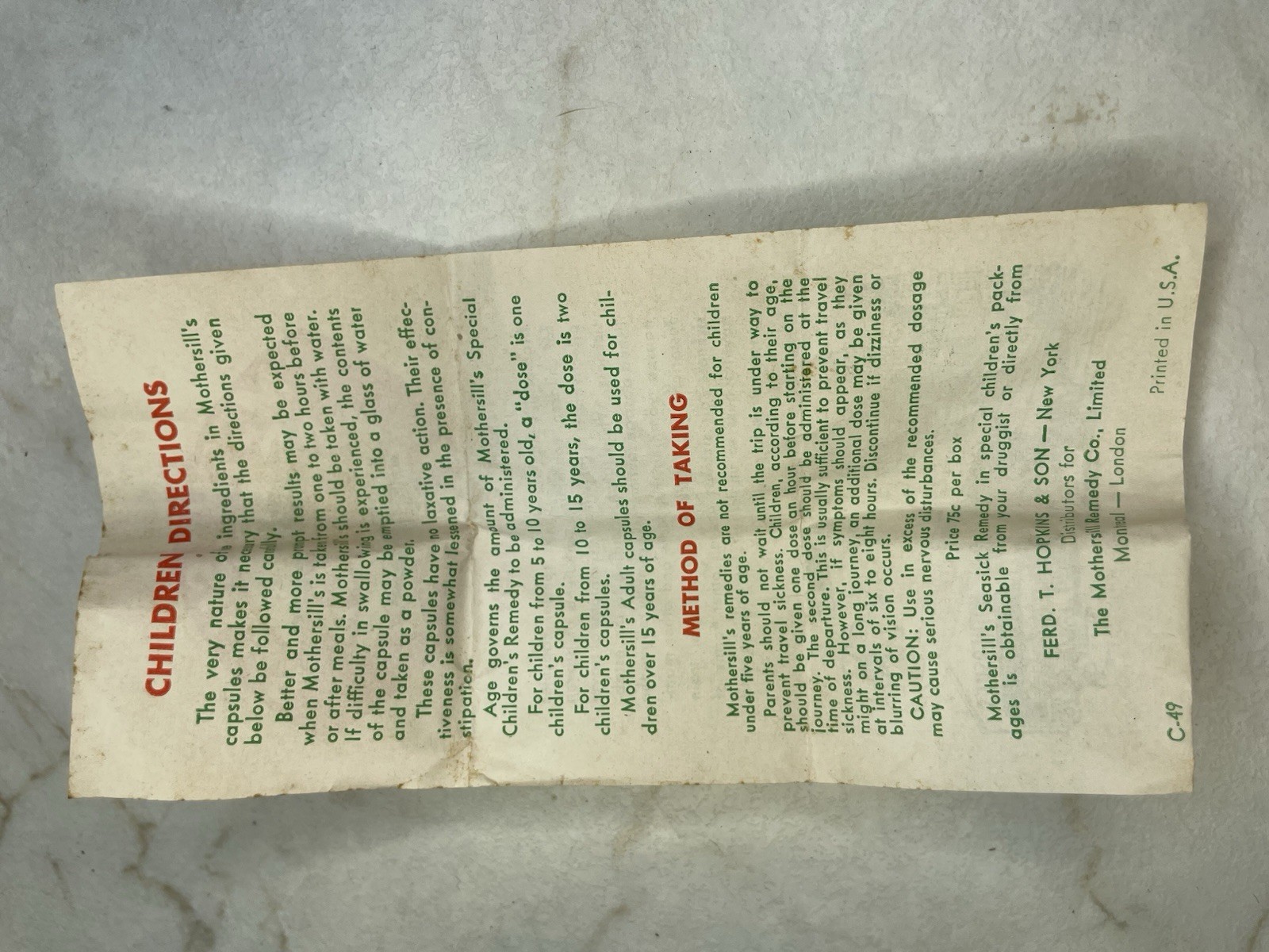 Vintage MOTHERSILL’S Seasick Remedy Medicine Box And Pamphlet – empty