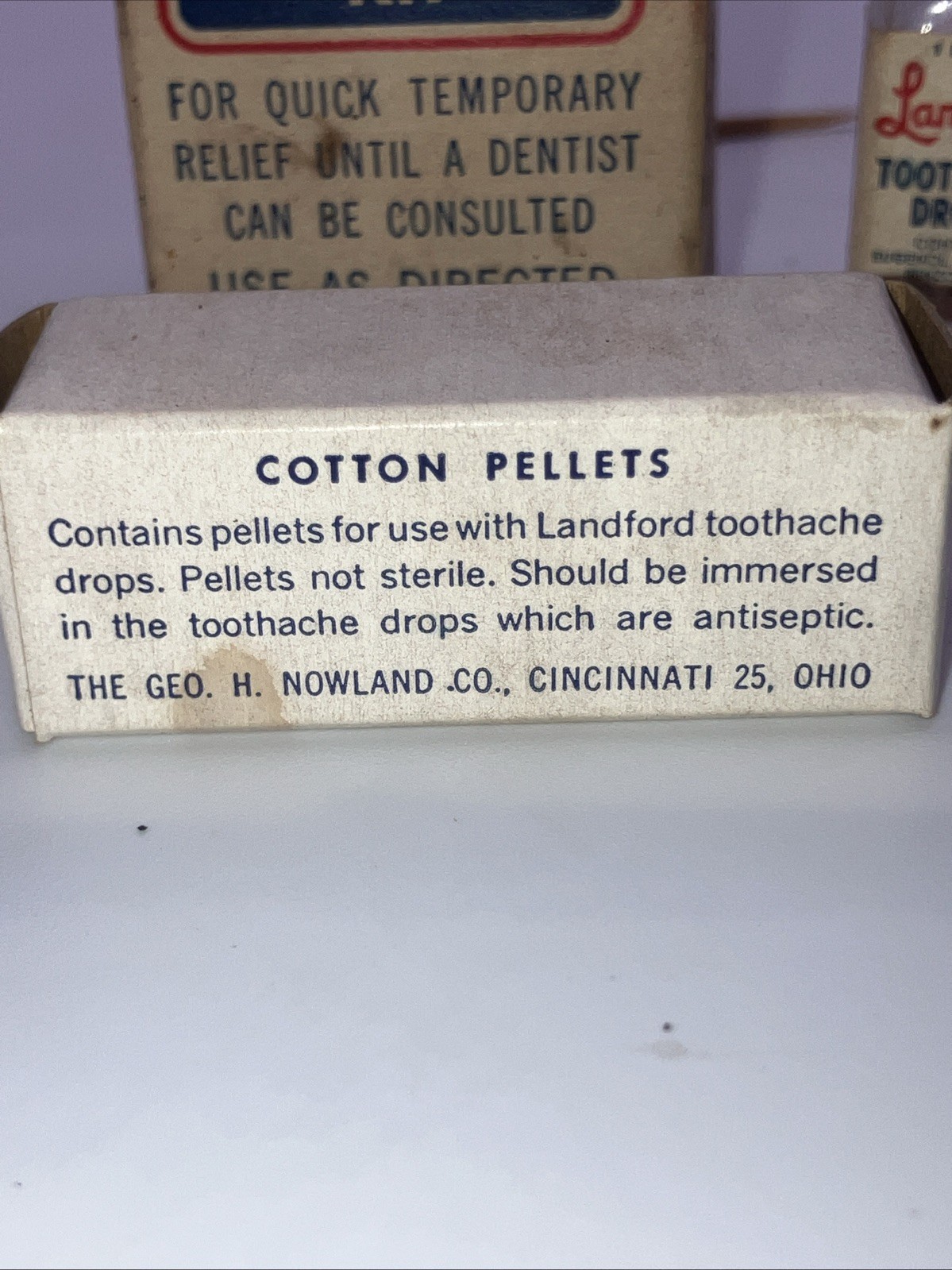 Nowland’s Langford Toothache Kit Vtg Box Bottle Cotton Pellets